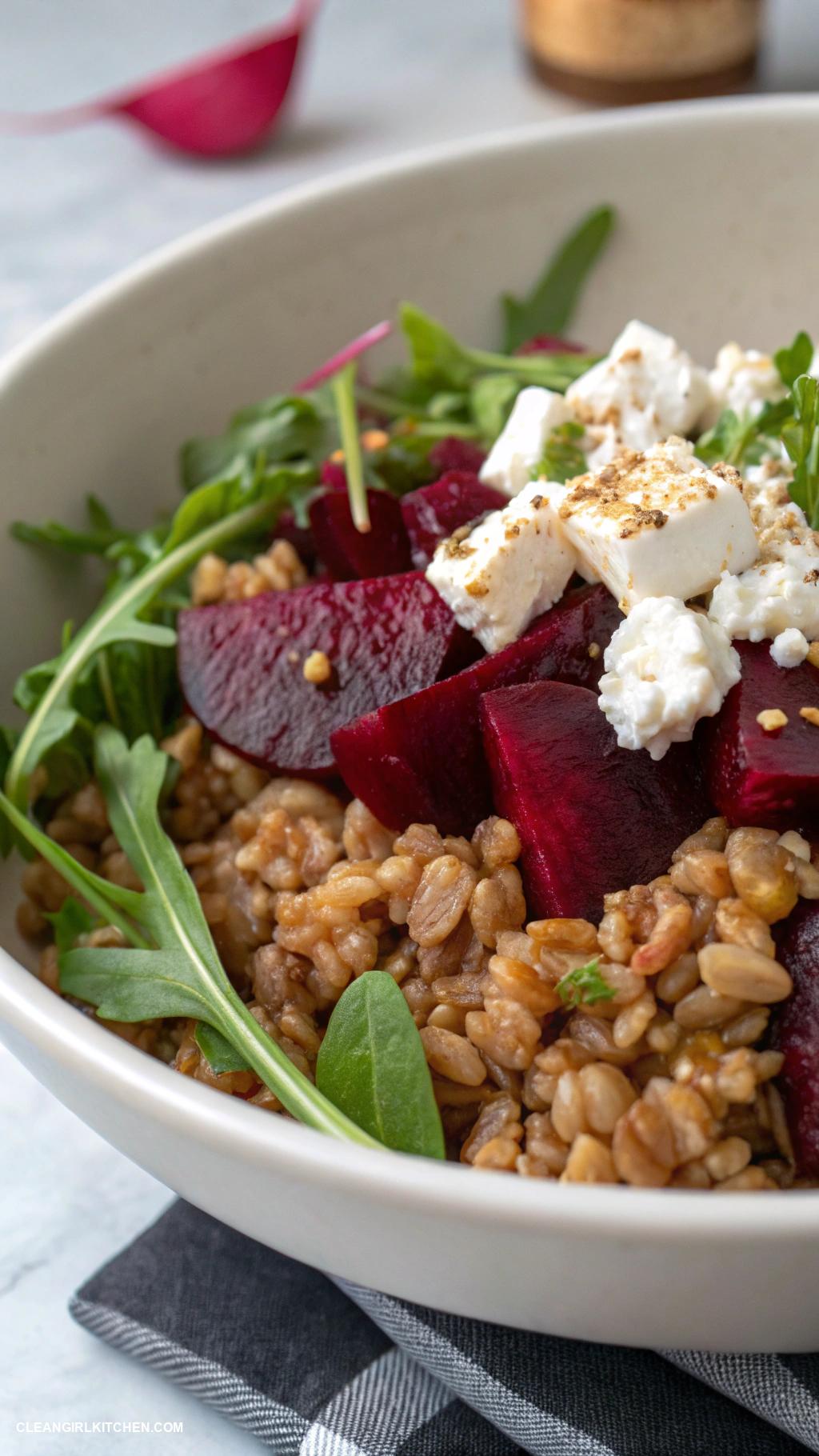 healthy bowl recipes Farro and Roasted Beet Bowl with Goat Cheese