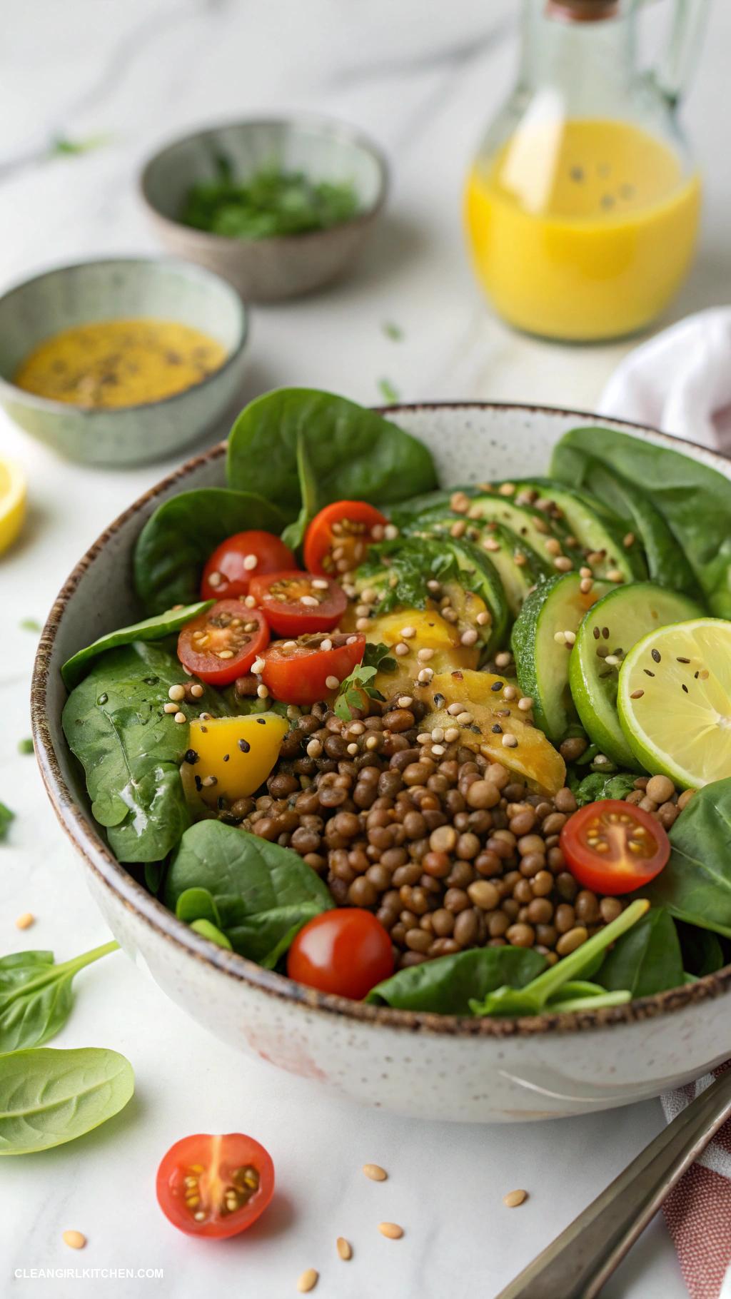 healthy bowl recipes Lentil and Spinach Bowl with Lemon Garlic Dressing