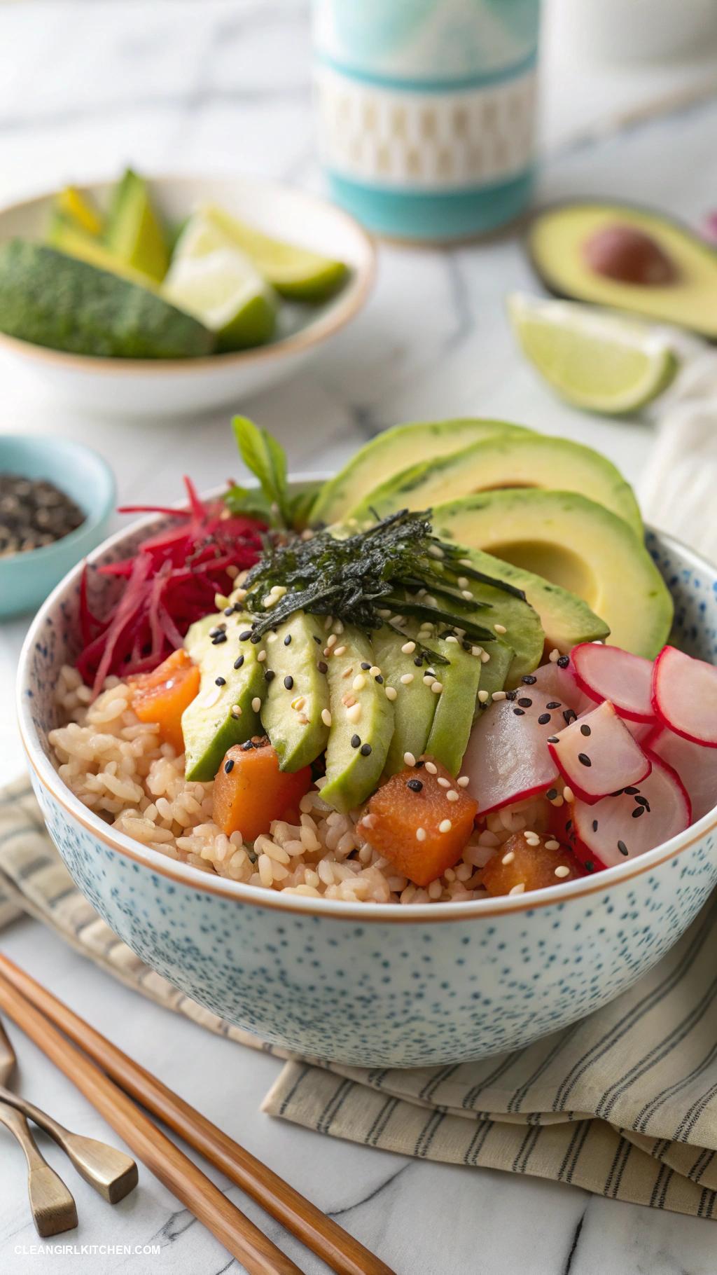 healthy bowl recipes Sushi Bowl with Brown Rice Avocado and Seaweed