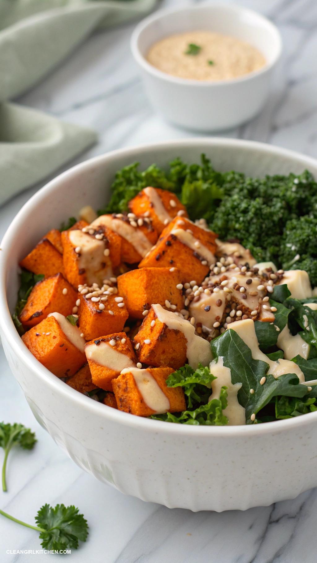 healthy bowl recipes Sweet Potato and Kale Power Bowl with Tahini Dressing