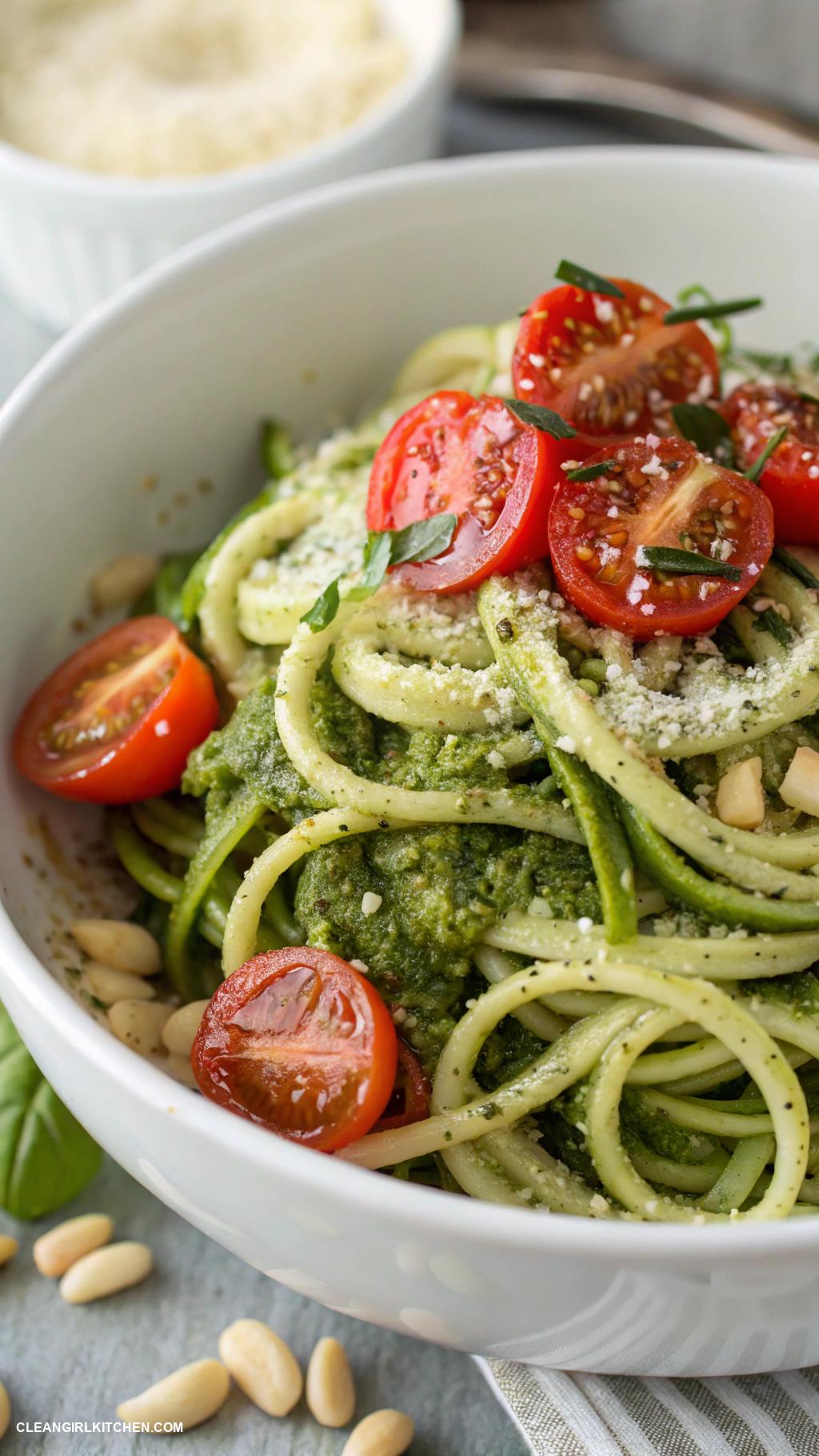 healthy bowl recipes Zucchini Noodle Bowl with Pesto and Cherry Tomatoes