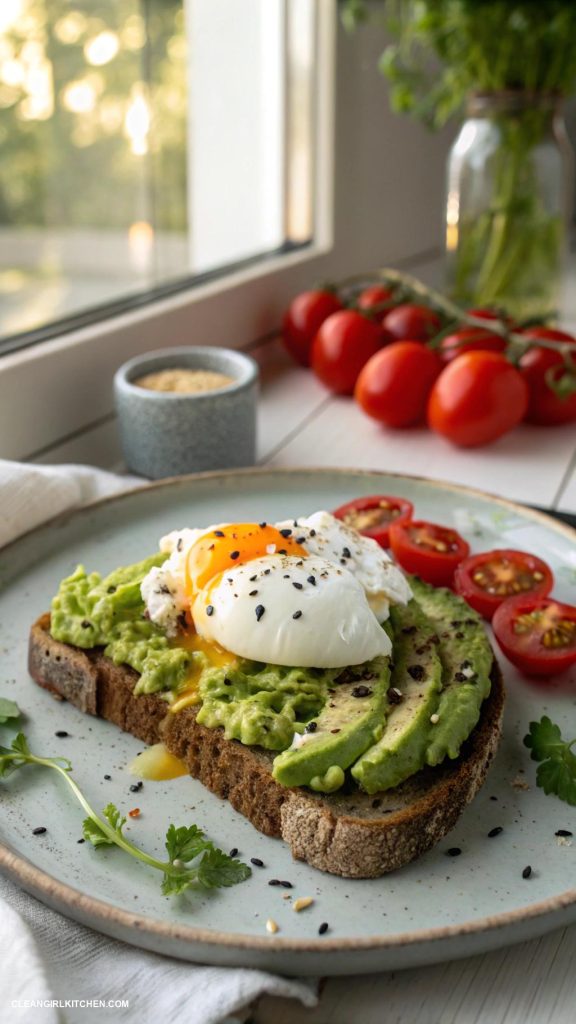 healthy breakfast recipes Avocado Toast on Whole Grain Bread with Poached Egg