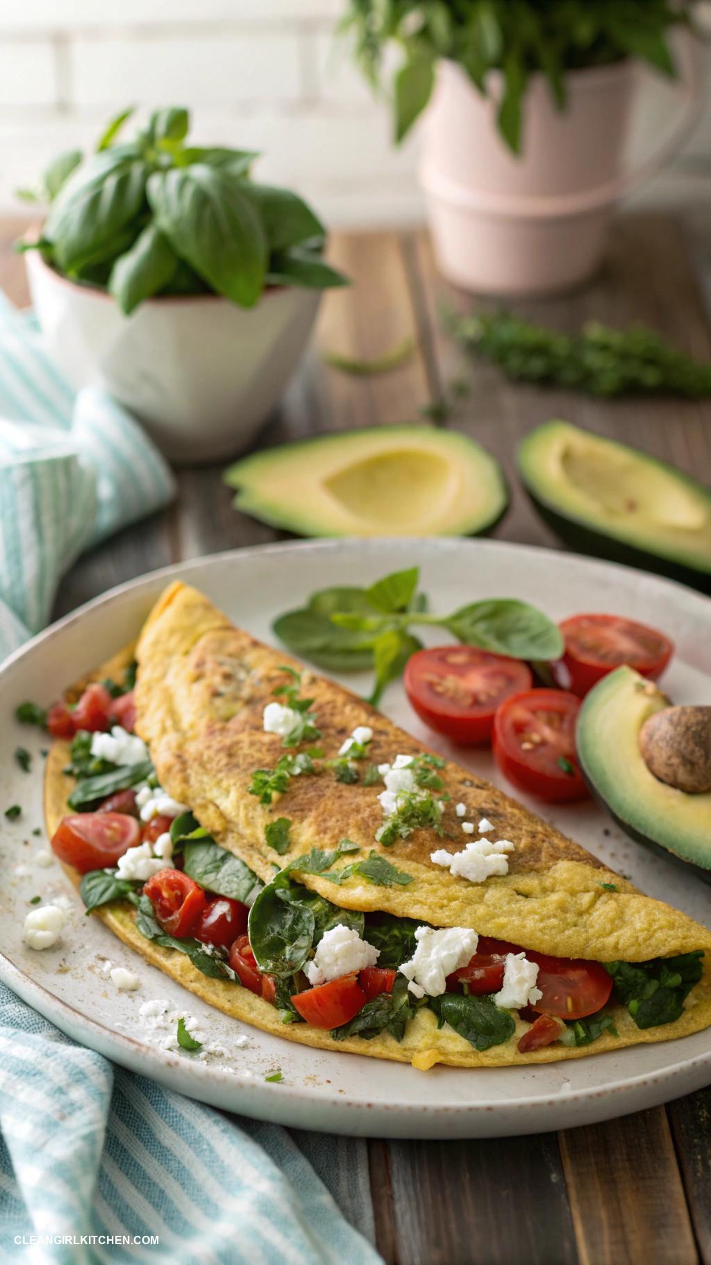 healthy breakfast recipes Vegetable Omelette with Spinach Tomatoes and Feta