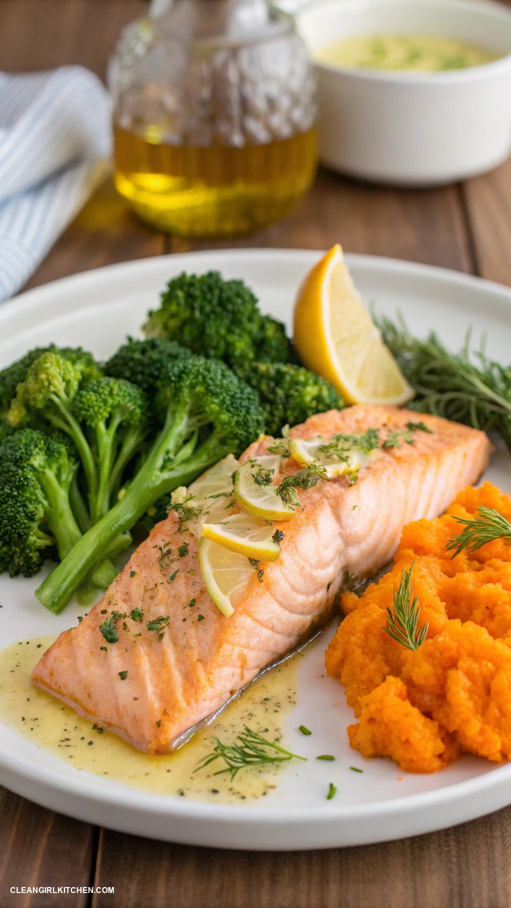 healthy dinner recipes Baked Salmon with Broccoli and Sweet Potato
