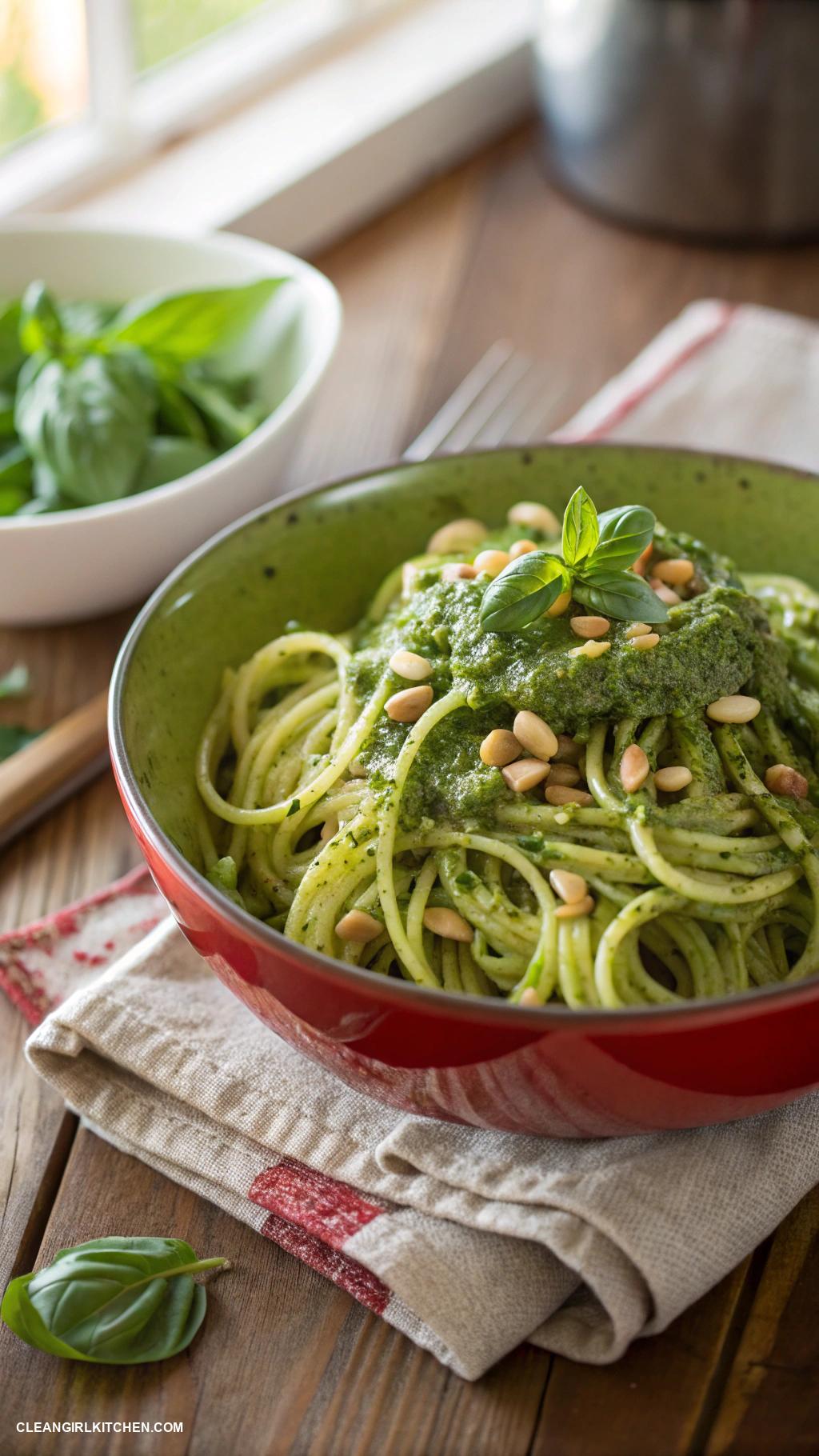 healthy foods Zucchini noodles topped with pesto