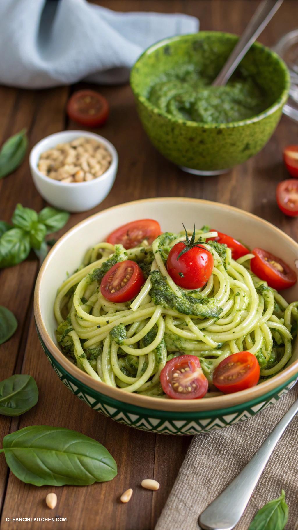 healthy lunch recipes Zucchini Noodles with Pesto and Cherry Tomatoes