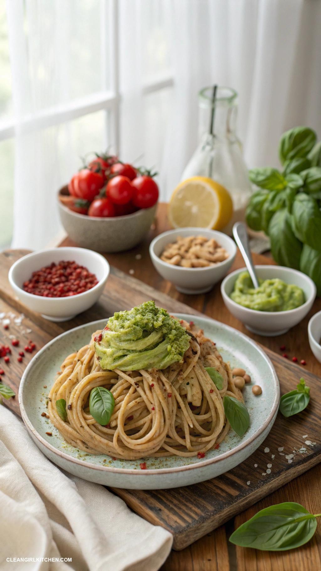 healthy pasta recipes Brown Rice Pasta with Avocado and Basil Sauce