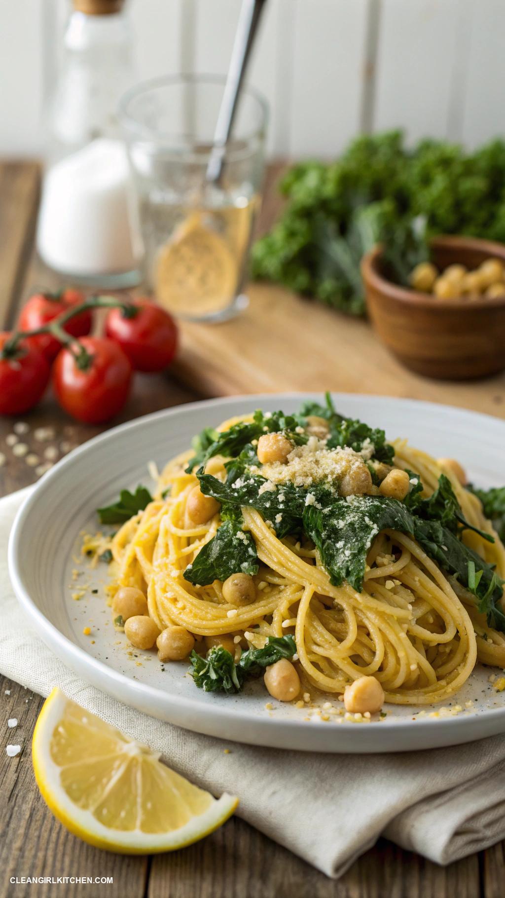 healthy pasta recipes Chickpea Pasta with Kale and Lemon Dressing