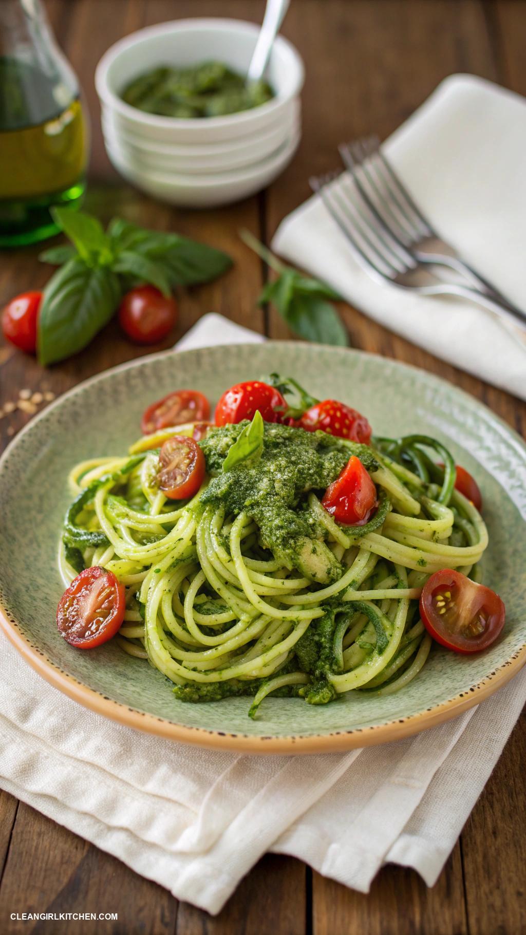 healthy pasta recipes Zucchini Noodles with Pesto and Cherry Tomatoes