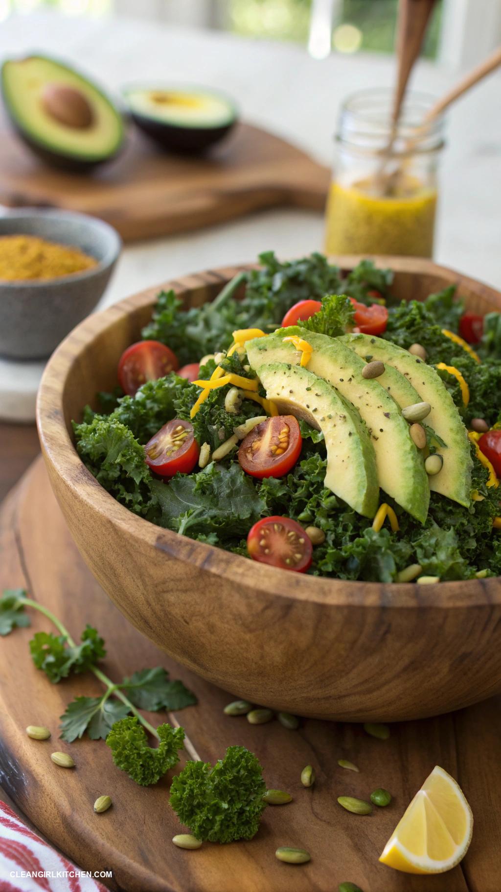 healthy salad recipes Kale and Avocado Salad with Lemon Dressing