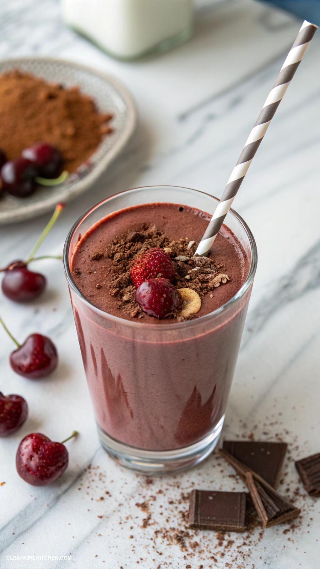 healthy smoothie recipes Chocolate Cherry Smoothie Blend unsweetened cocoa powder frozen cherries banana and almond milk for a deliciously indulgent drink