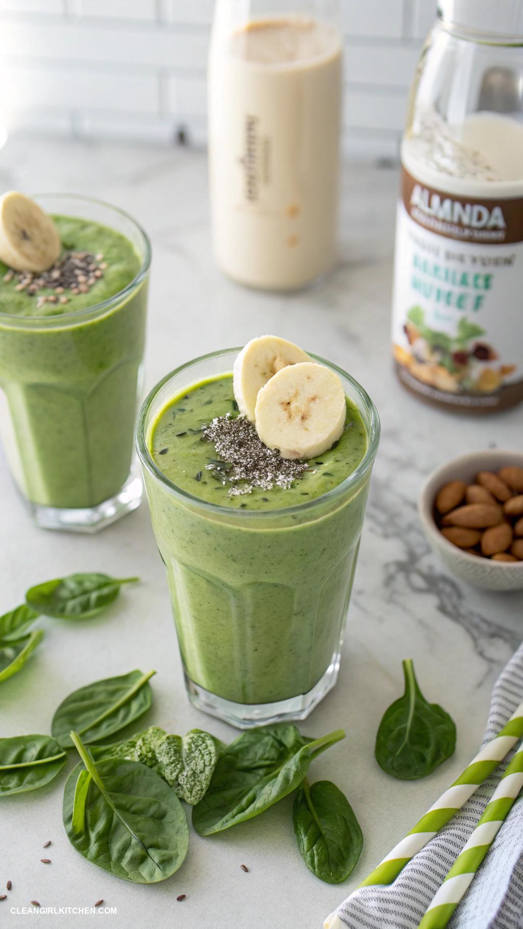 healthy smoothie recipes Spinach Banana Smoothie Blend spinach banana almond milk and a tablespoon of almond butter for a nutritious breakfast