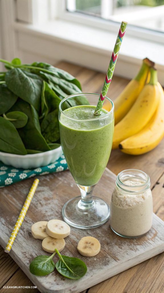 healthy snacks Smoothie with spinach banana and protein powder