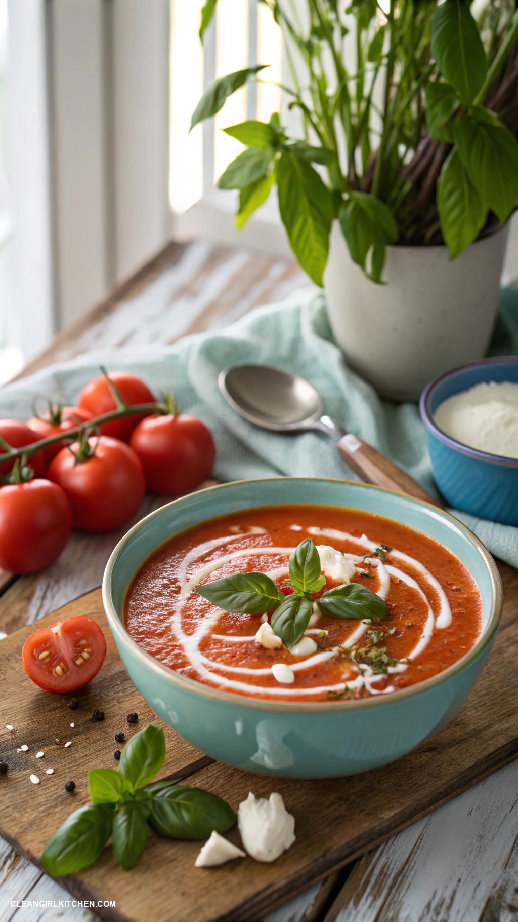 healthy soup recipes Creamy Tomato Basil Soup with Coconut Milk