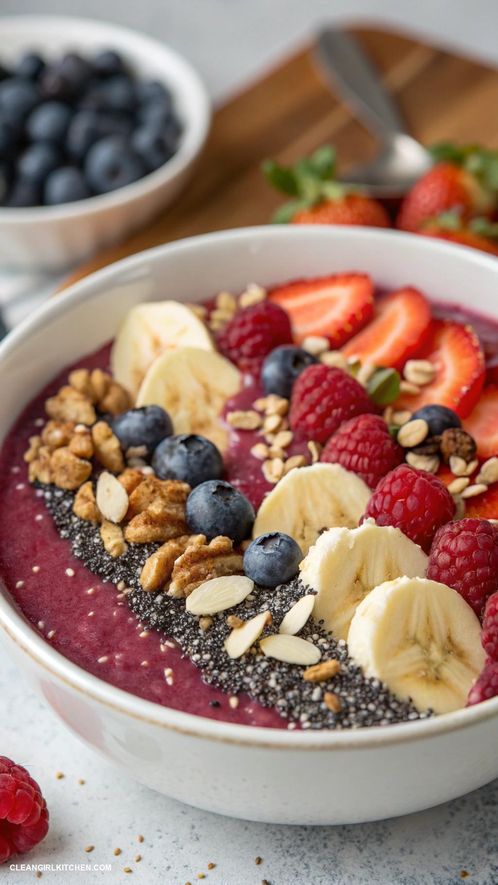healthy summer meals Berry smoothie bowl with nuts and seeds
