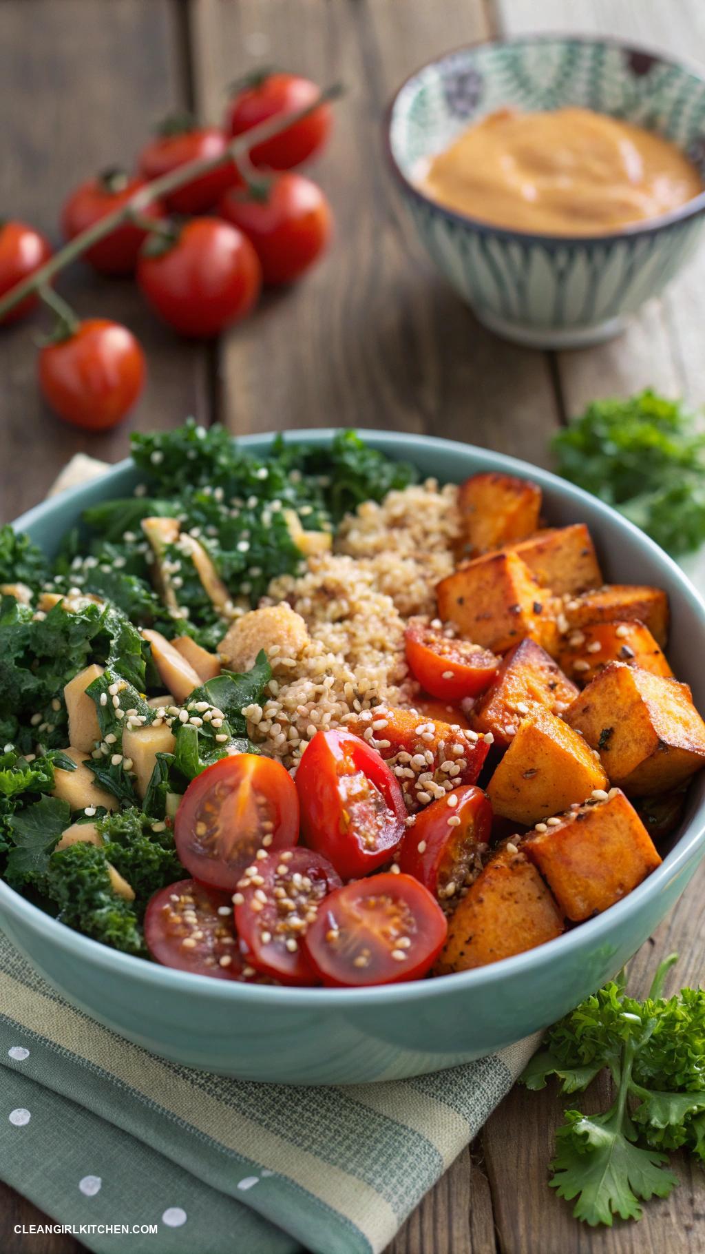 healthy summer meals Buddha bowl with sweet potatoes and kale
