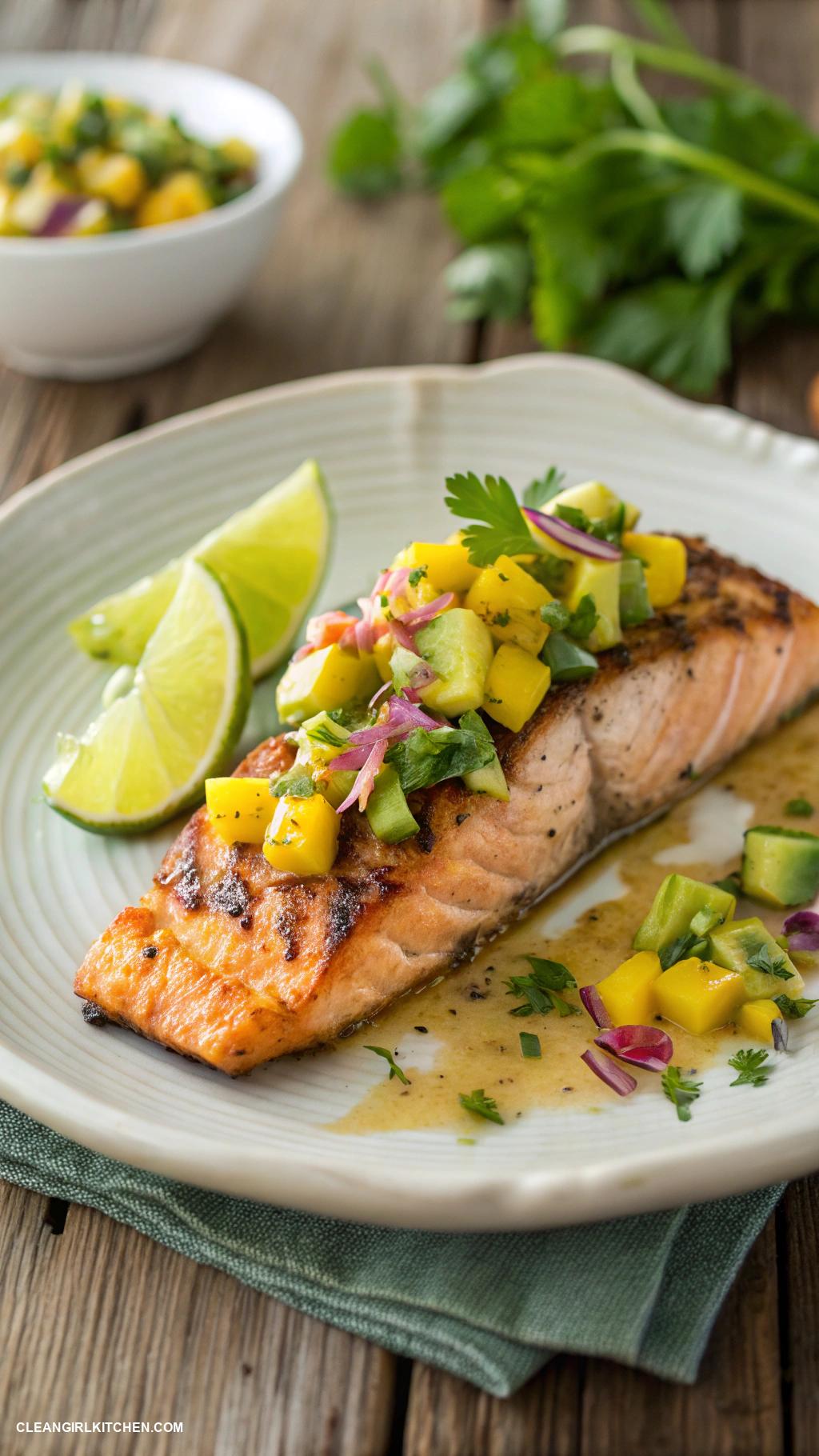 healthy summer meals Grilled salmon with mango avocado salsa