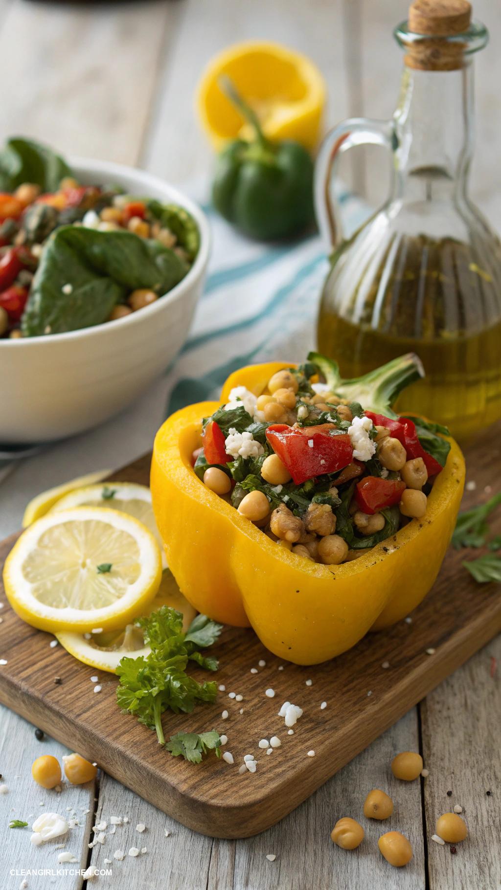 healthy summer meals Mediterranean chickpea and spinach stuffed peppers