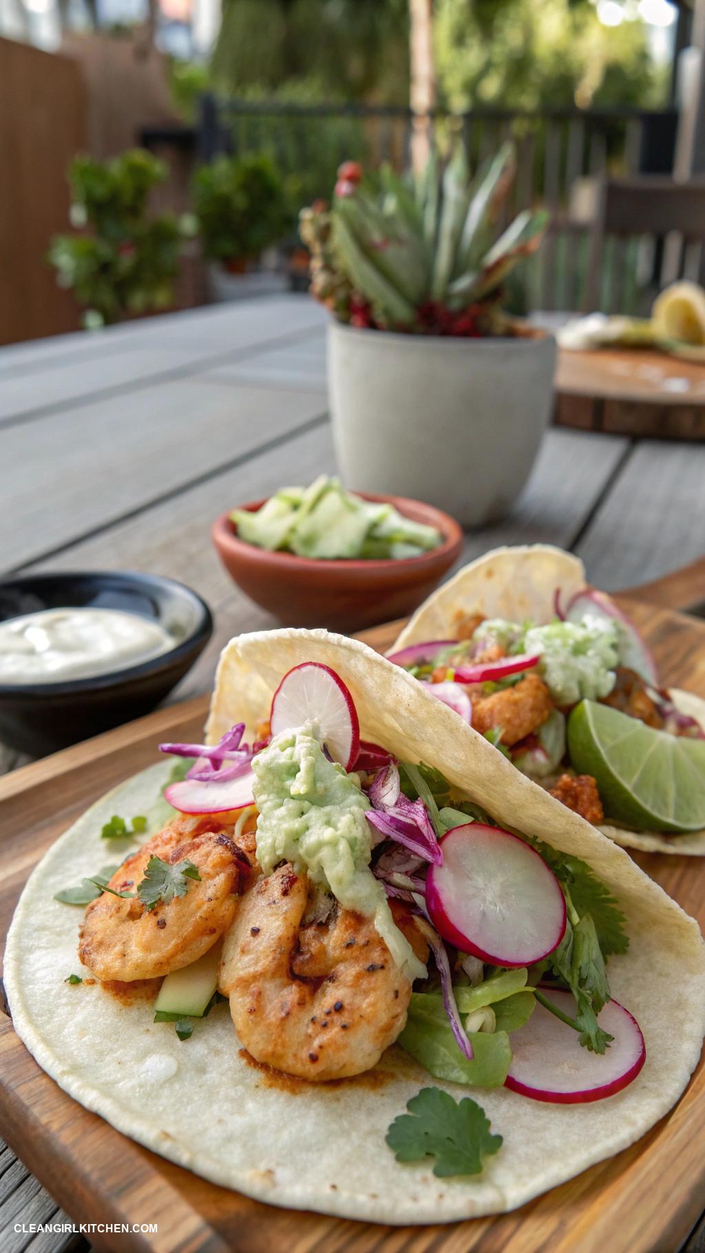 healthy summer meals Shrimp tacos with cabbage and lime crema