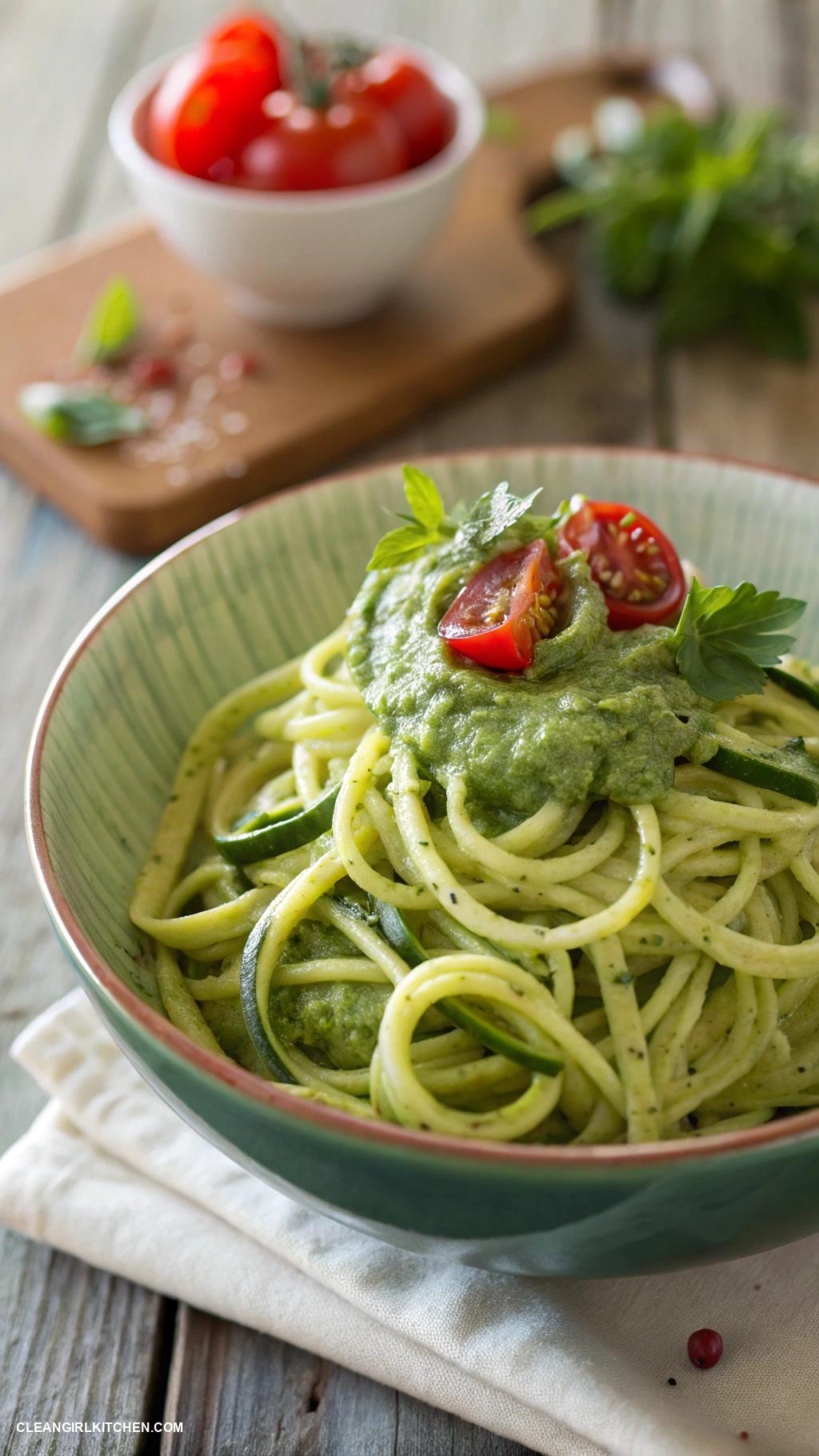 healthy summer meals Zucchini noodles topped with avocado pesto
