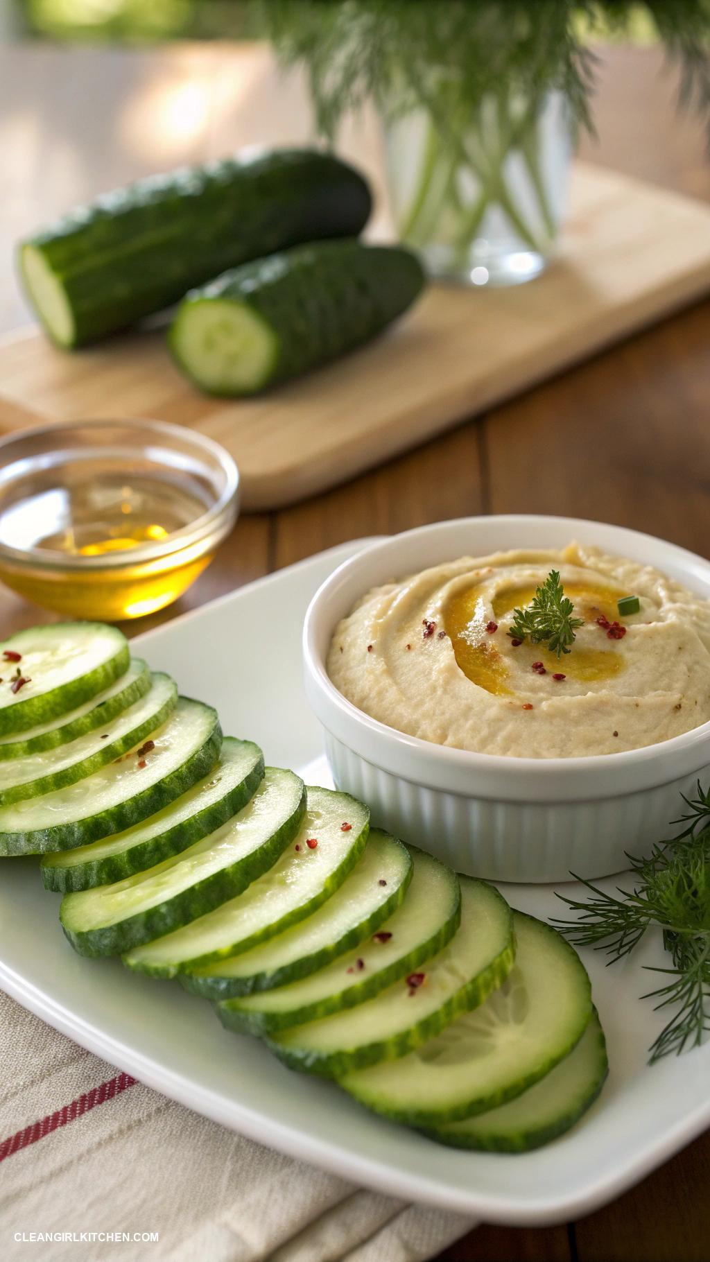 healthy summer snacks Cucumber slices with hummus dip