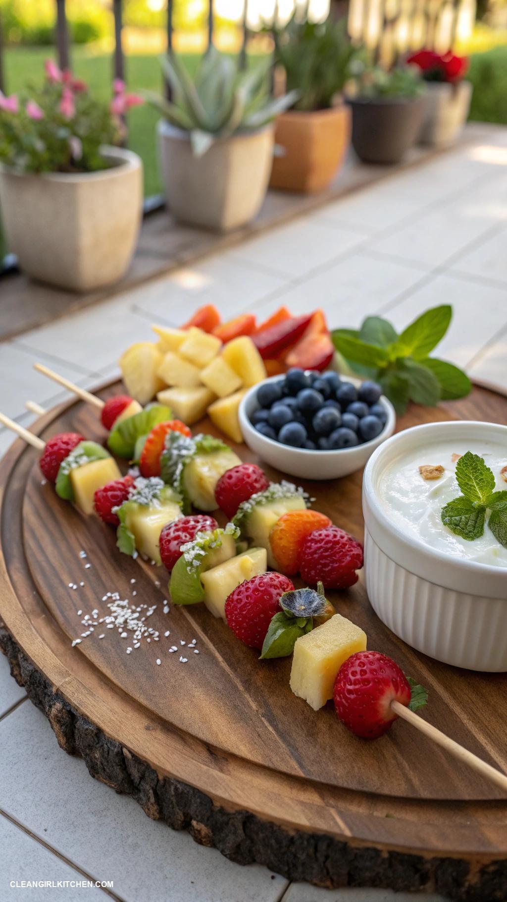healthy summer snacks Fruit skewers with coconut yogurt dip