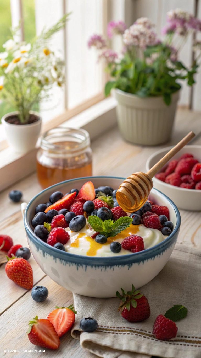 healthy summer snacks Greek yogurt with mixed berries and honey