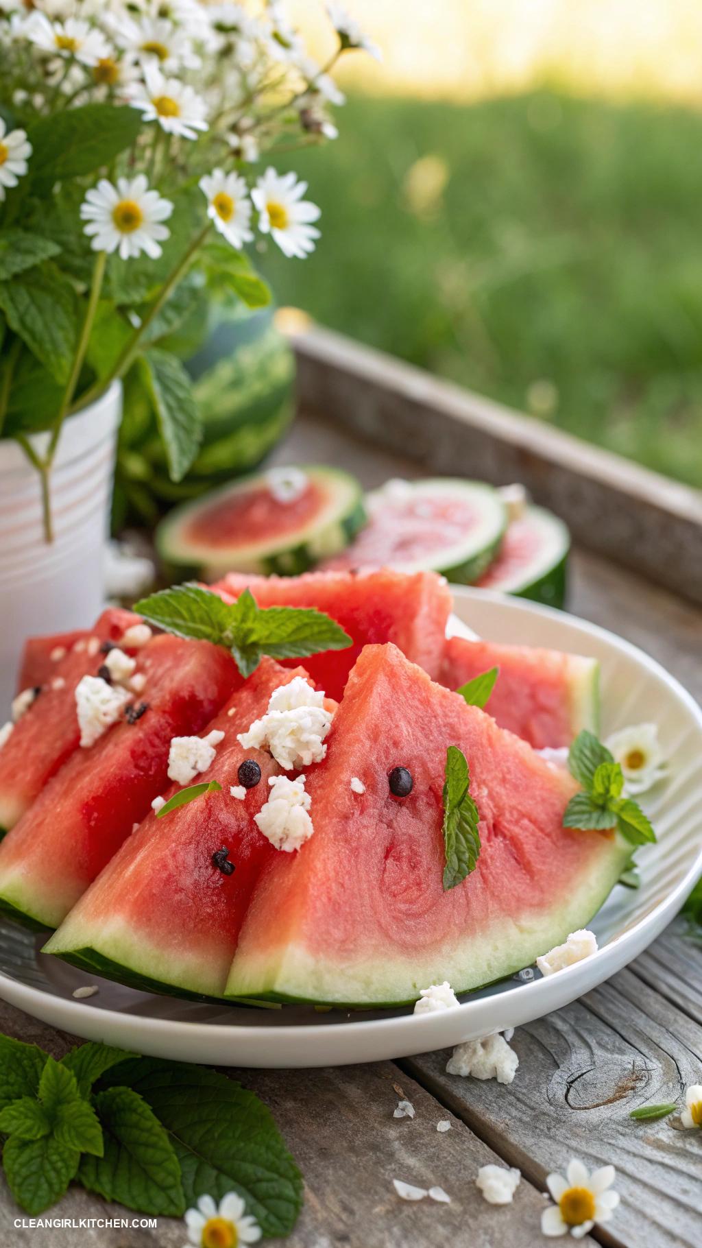 healthy summer snacks Watermelon slices topped with feta cheese