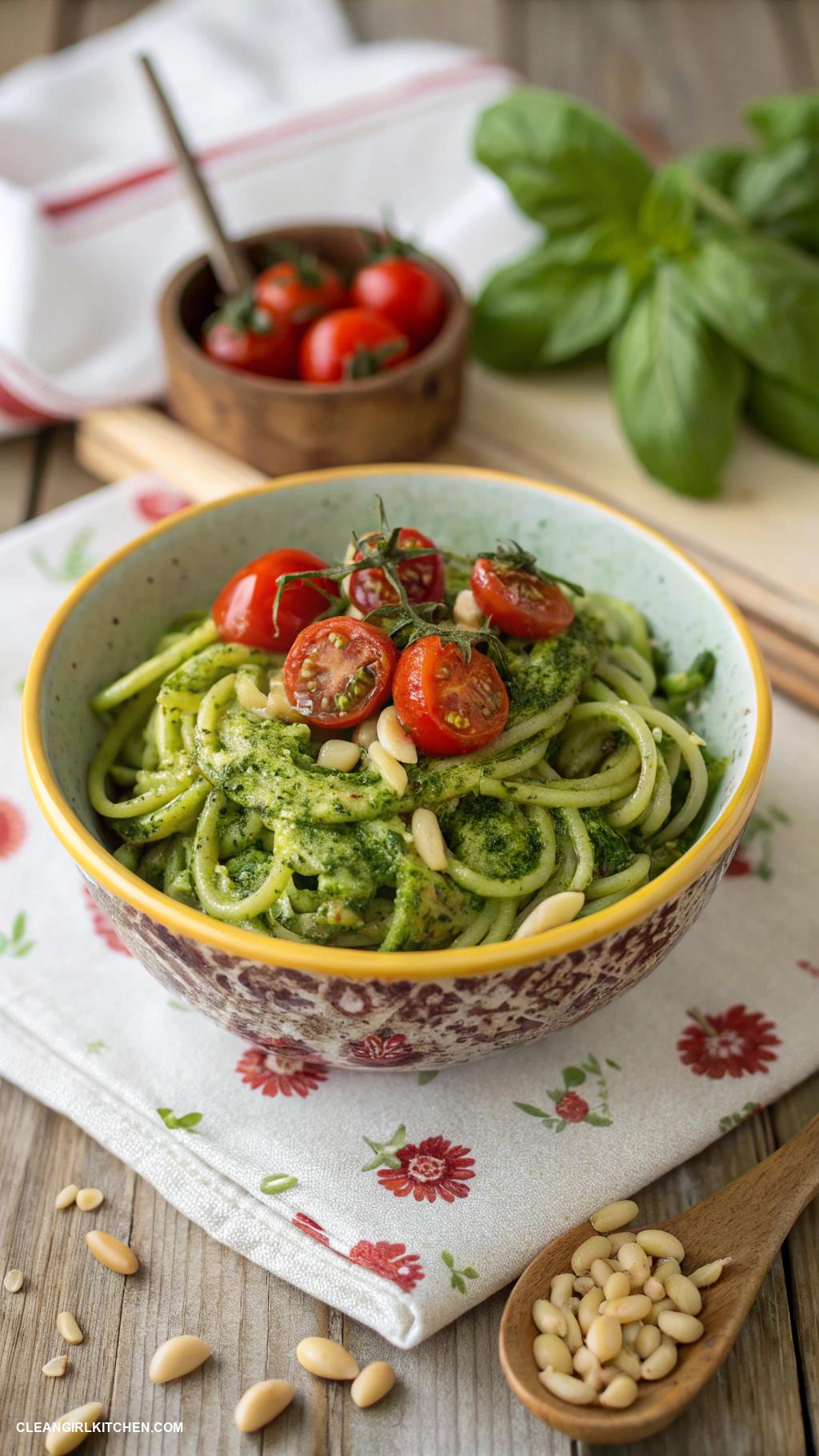 healthy summer snacks Zucchini noodles with pesto sauce