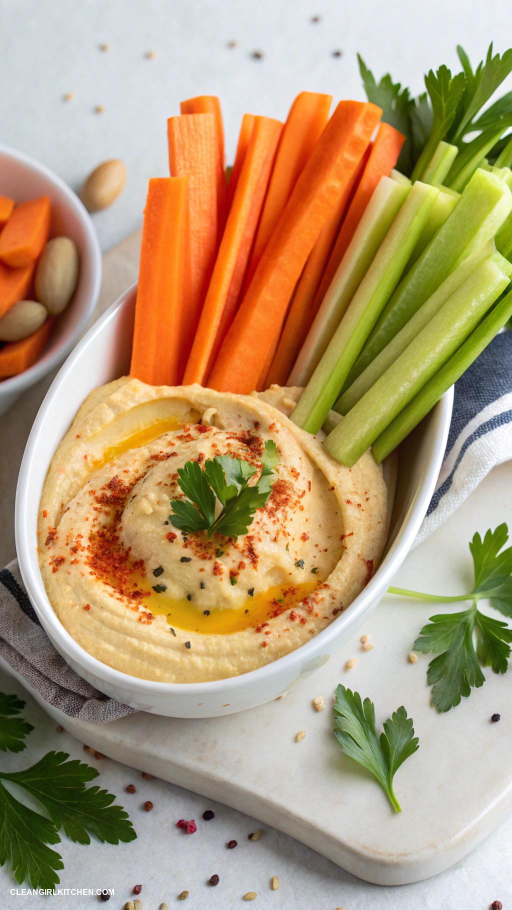 healthy veggie side dishes Carrot and Celery Sticks with Hummus