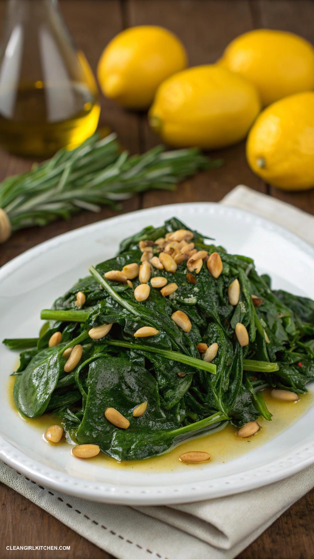 healthy veggie side dishes Sautyed Spinach with Olive Oil and Pine Nuts