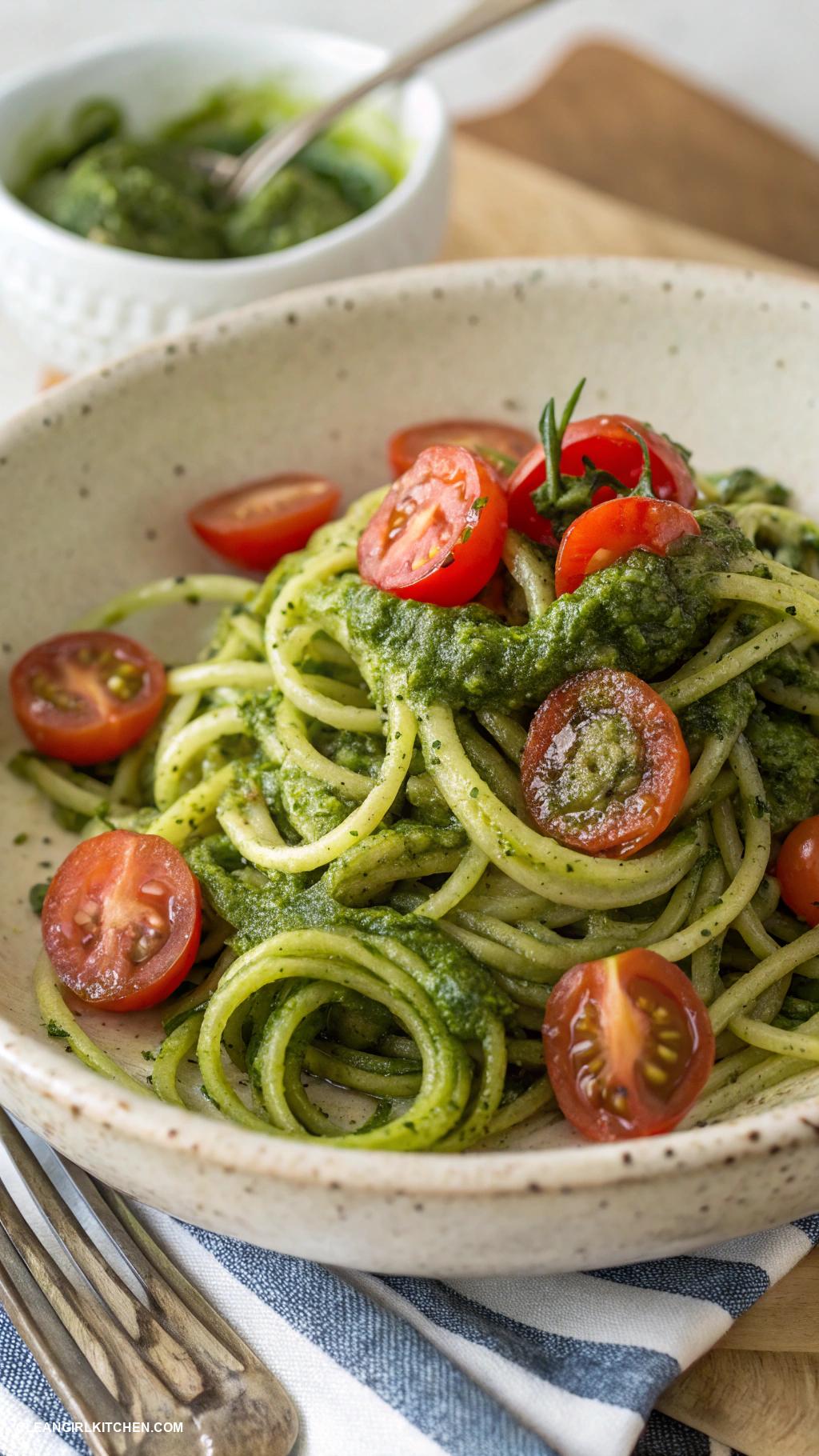 healthy veggie side dishes Zucchini Noodles with Pesto and Cherry Tomatoes