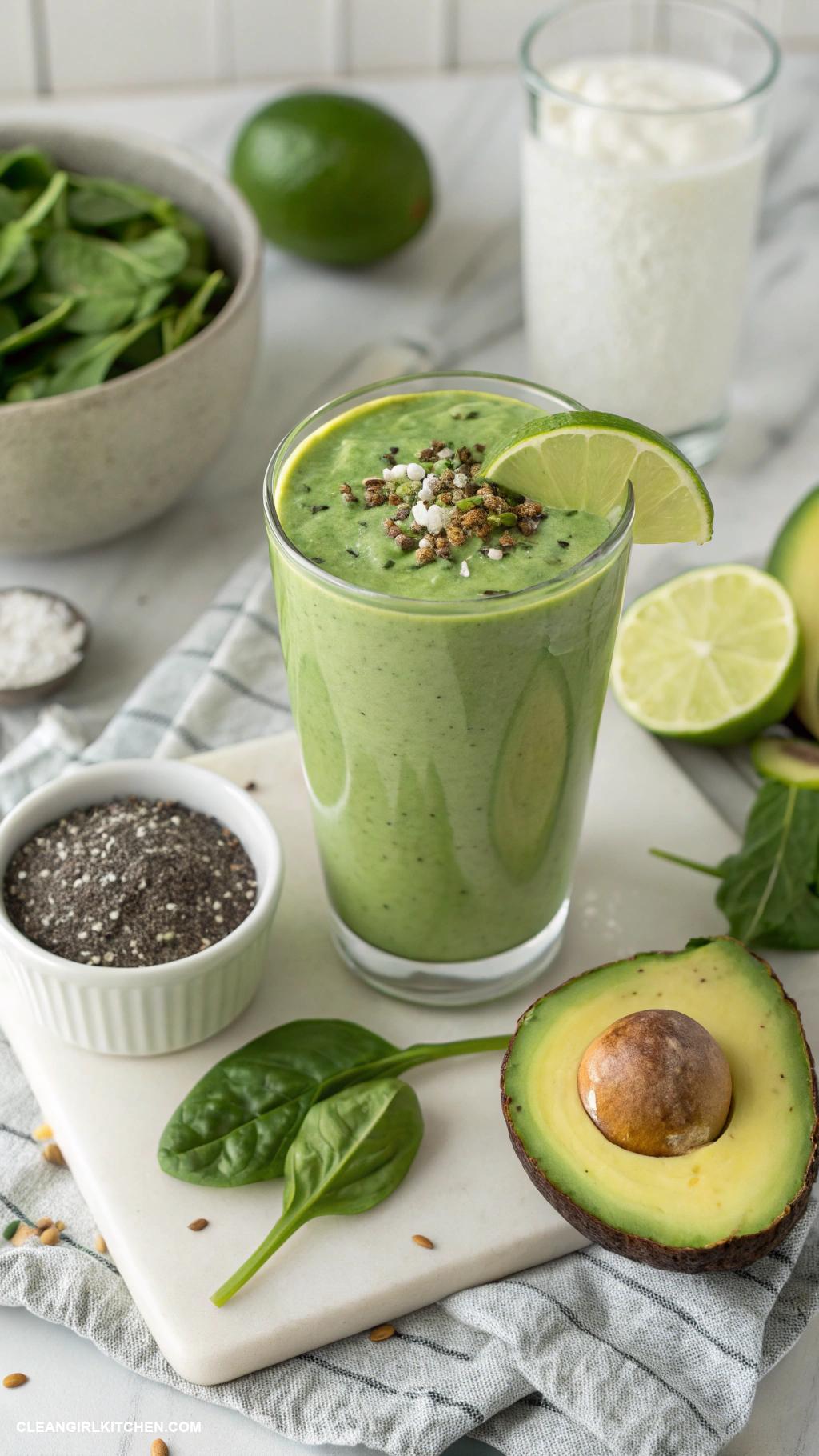 clean girl smoothies Avocado Spinach Smoothie Avocado spinach lime juice and coconut water