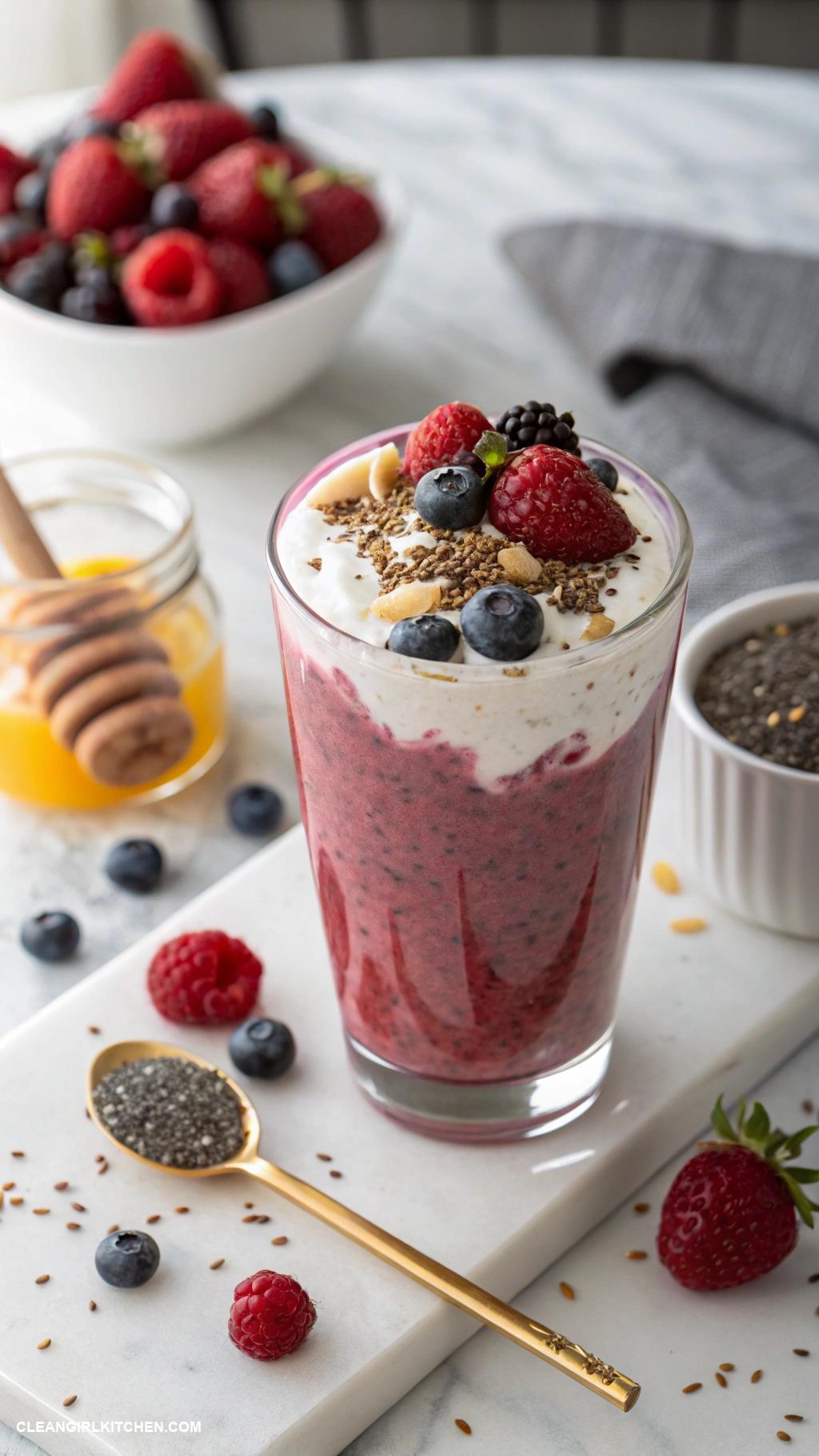 clean girl smoothies Berry Blast Smoothie Mixed berries Greek yogurt almond milk and a dash of honey