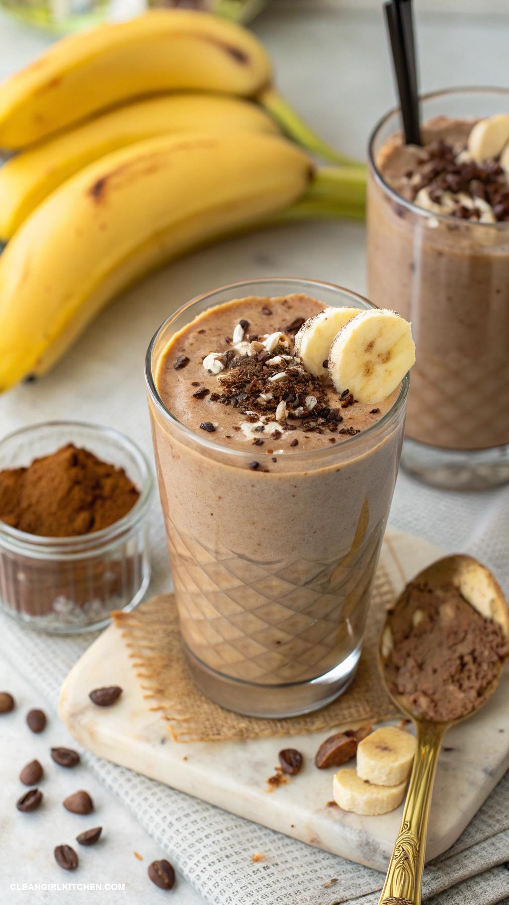 clean girl smoothies Chocolate Banana Smoothie Banana cacao powder almond butter and unsweetened almond milk
