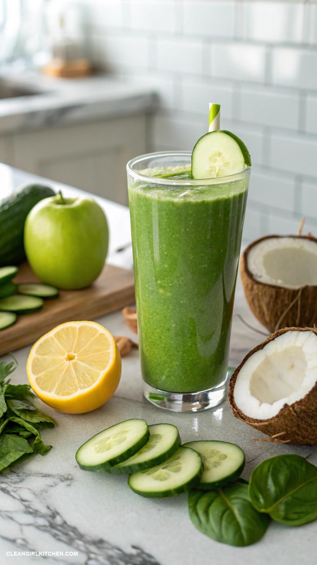 clean girl smoothies Green Detox Smoothie Spinach cucumber green apple lemon juice and coconut water