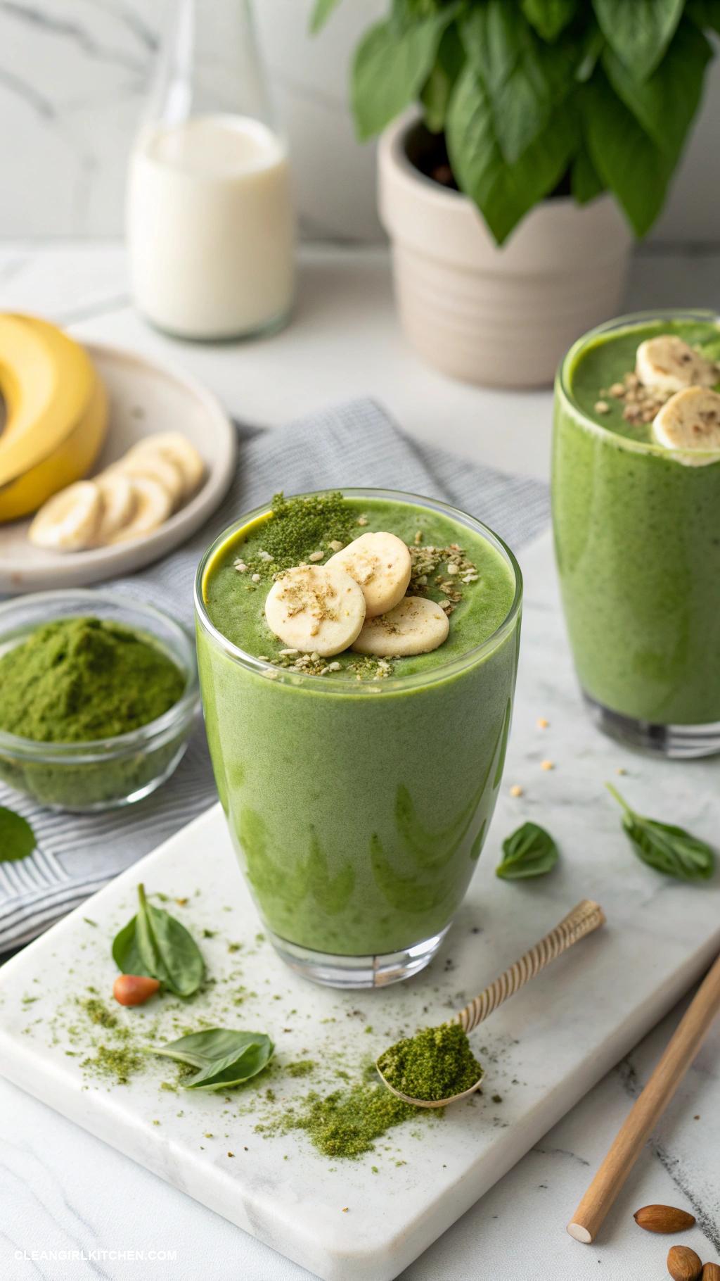 clean girl smoothies Matcha Green Tea Smoothie Matcha powder banana spinach and almond milk