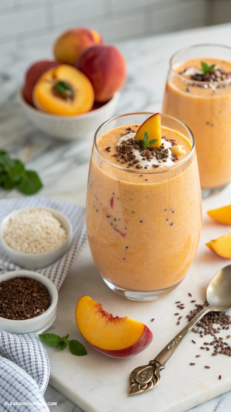 clean girl smoothies Peachy Protein Smoothie Peaches vanilla protein powder flaxseed and oat milk