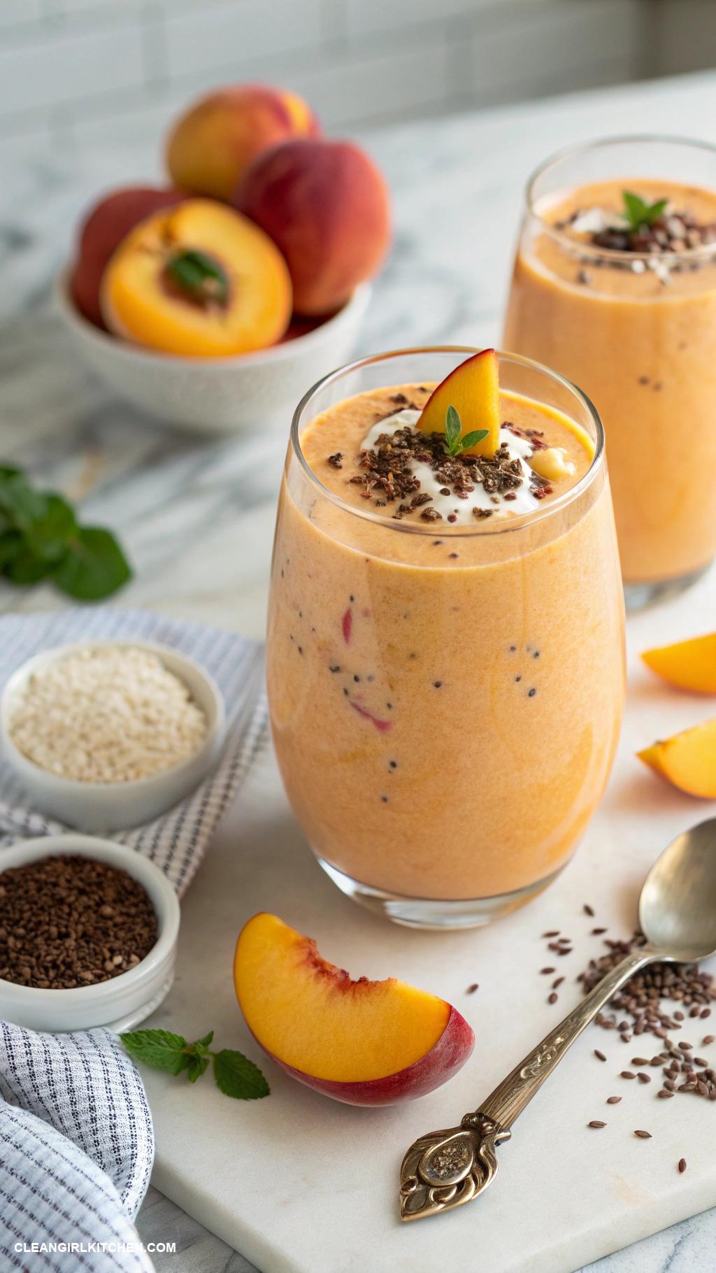 clean girl smoothies Peachy Protein Smoothie Peaches vanilla protein powder flaxseed and oat milk