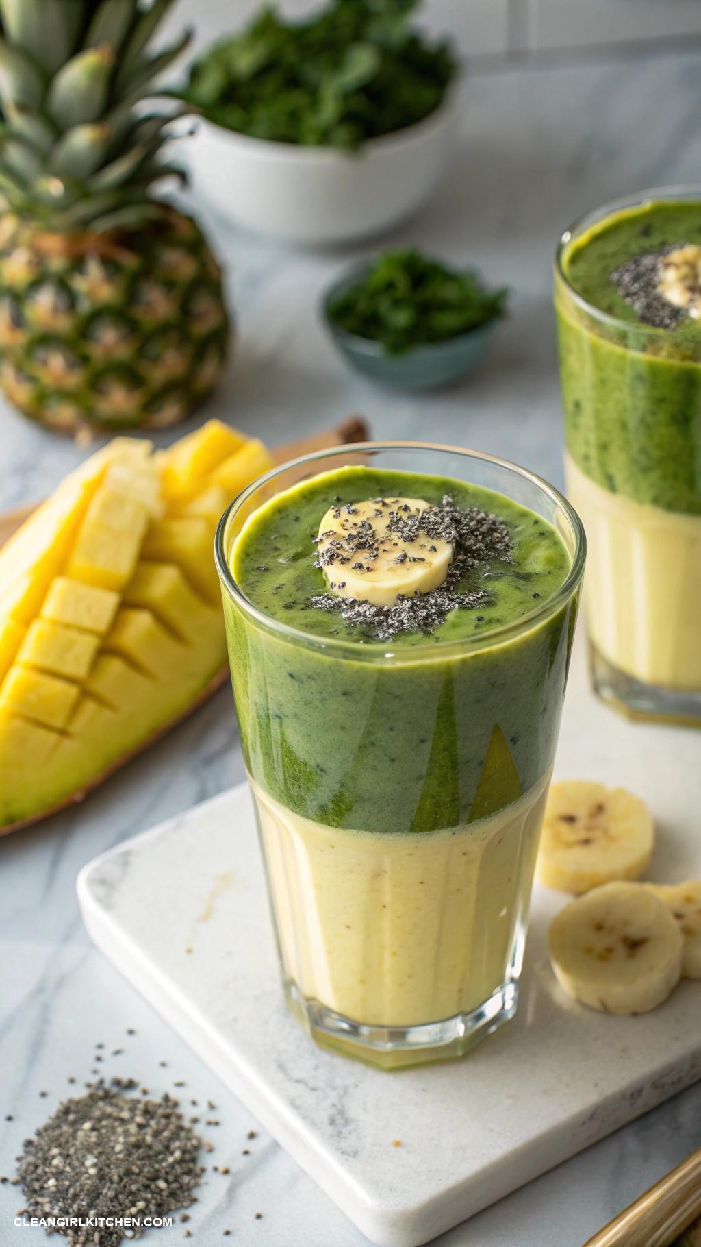 clean girl smoothies Tropical Green Smoothie Kale pineapple banana coconut milk and chia seeds