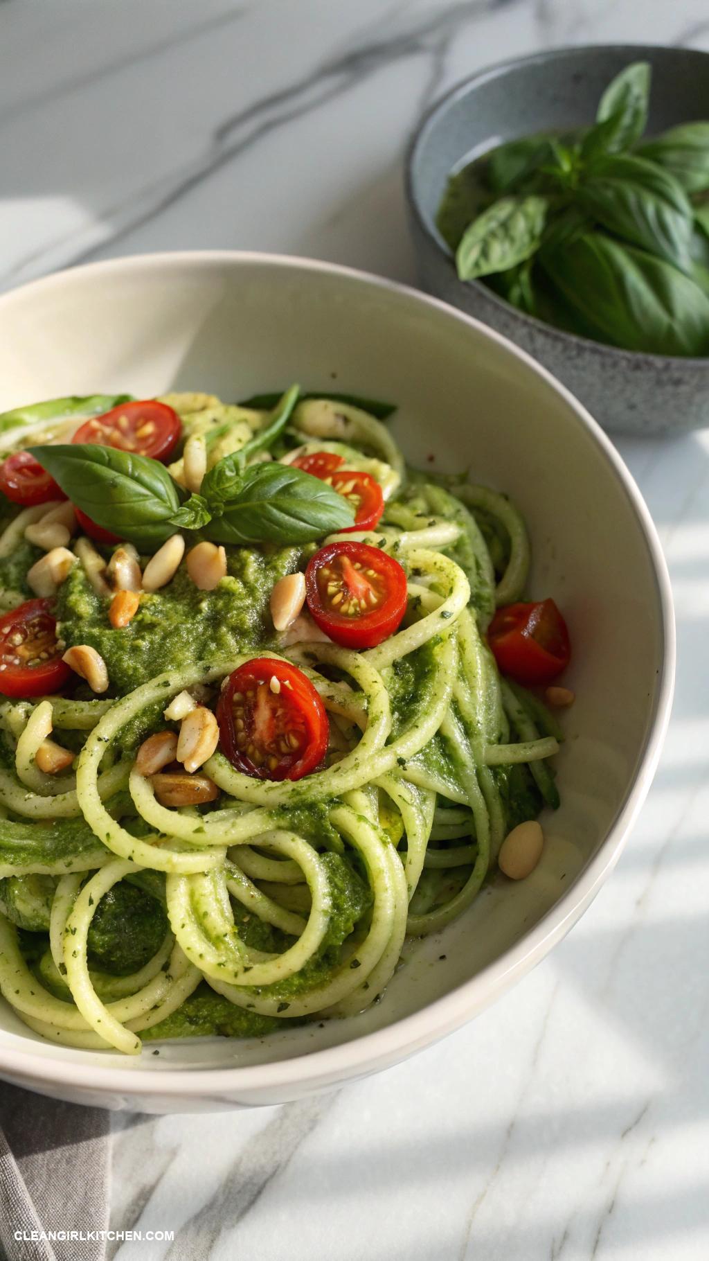 easy clean dinner recipes Zucchini Noodles with Pesto and Cherry Tomatoes
