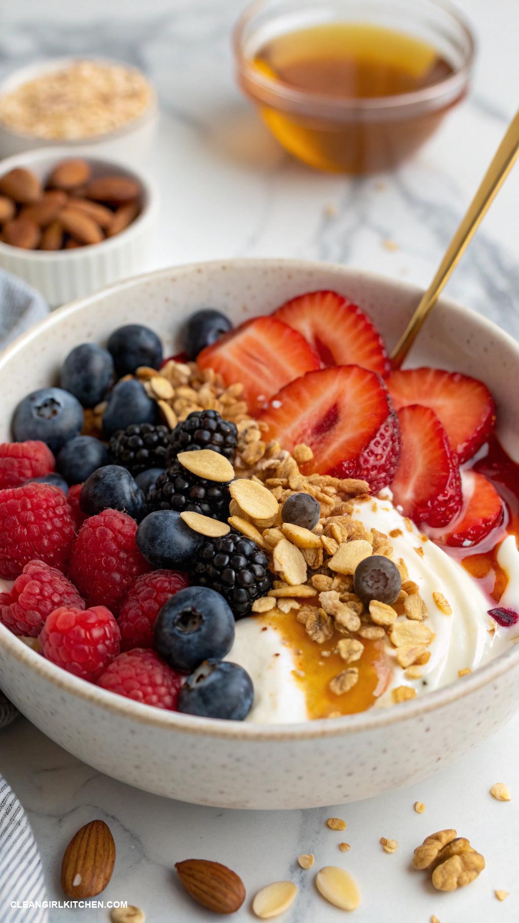 greek yogurt recipes Fruit and Nut Greek Yogurt Bowl with a Drizzle of Honey