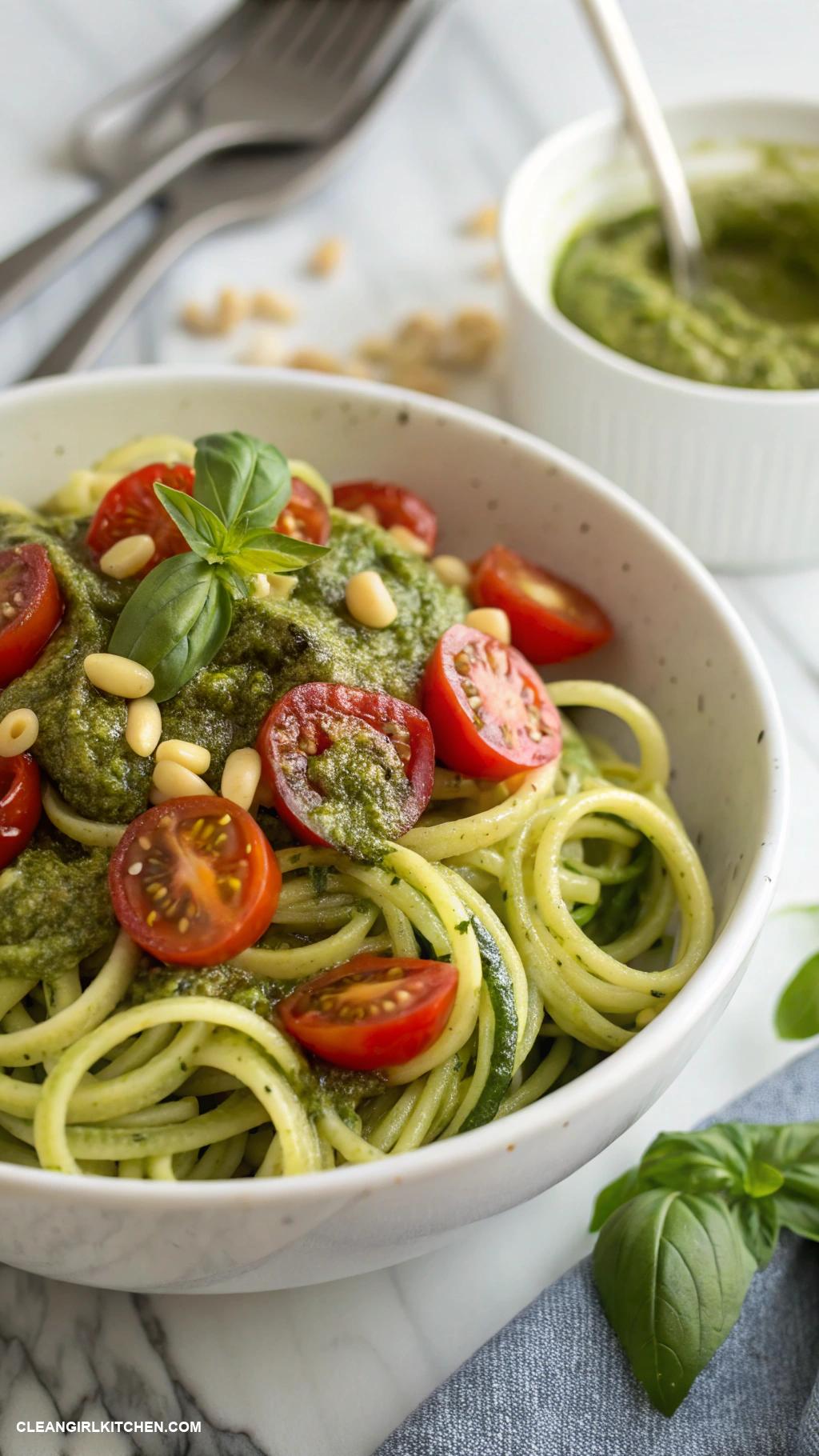 healthy brunch ideas Zucchini Noodles with Cherry Tomatoes and Pesto