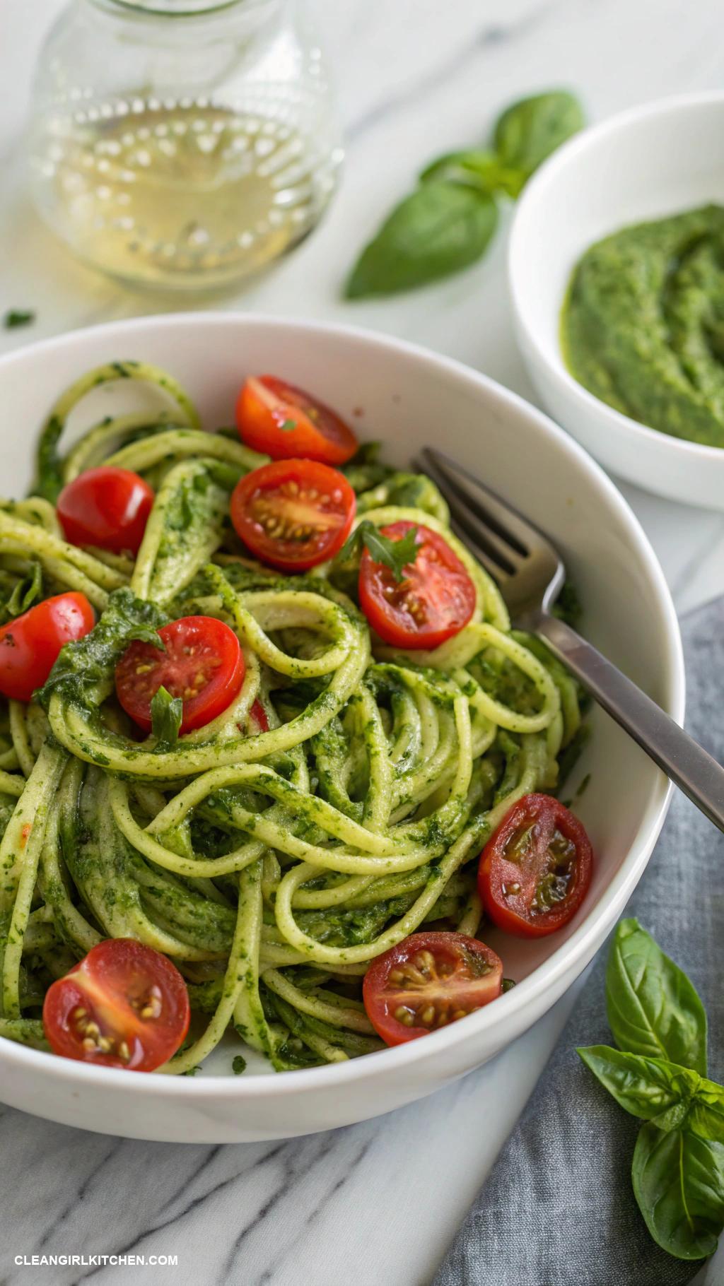 healthy gluten free recipes Zucchini Noodles with Pesto and Cherry Tomatoes