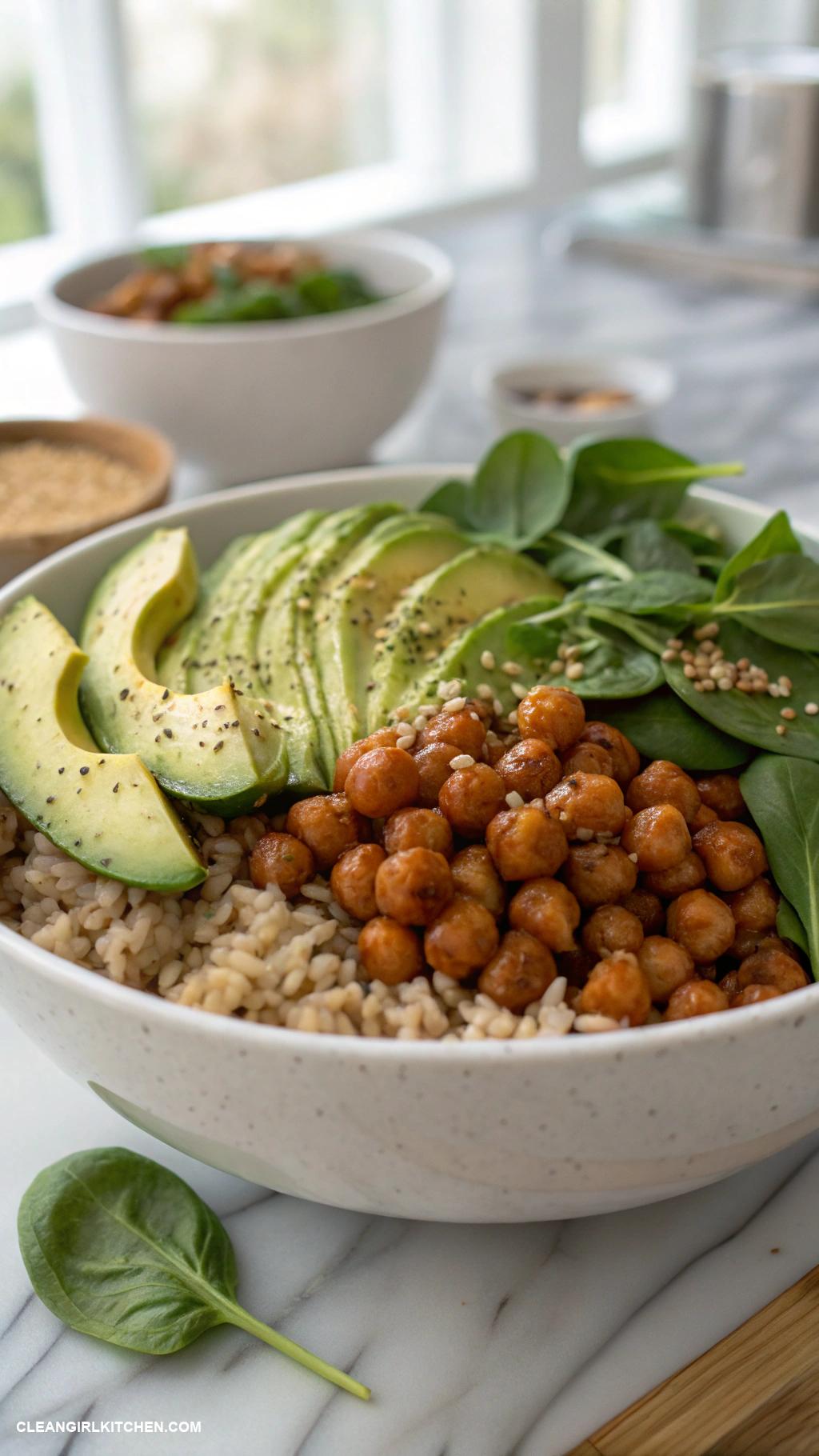 healthy meal prep for the week Buddha Bowl with Brown Rice Chickpeas Avocado and Spinach