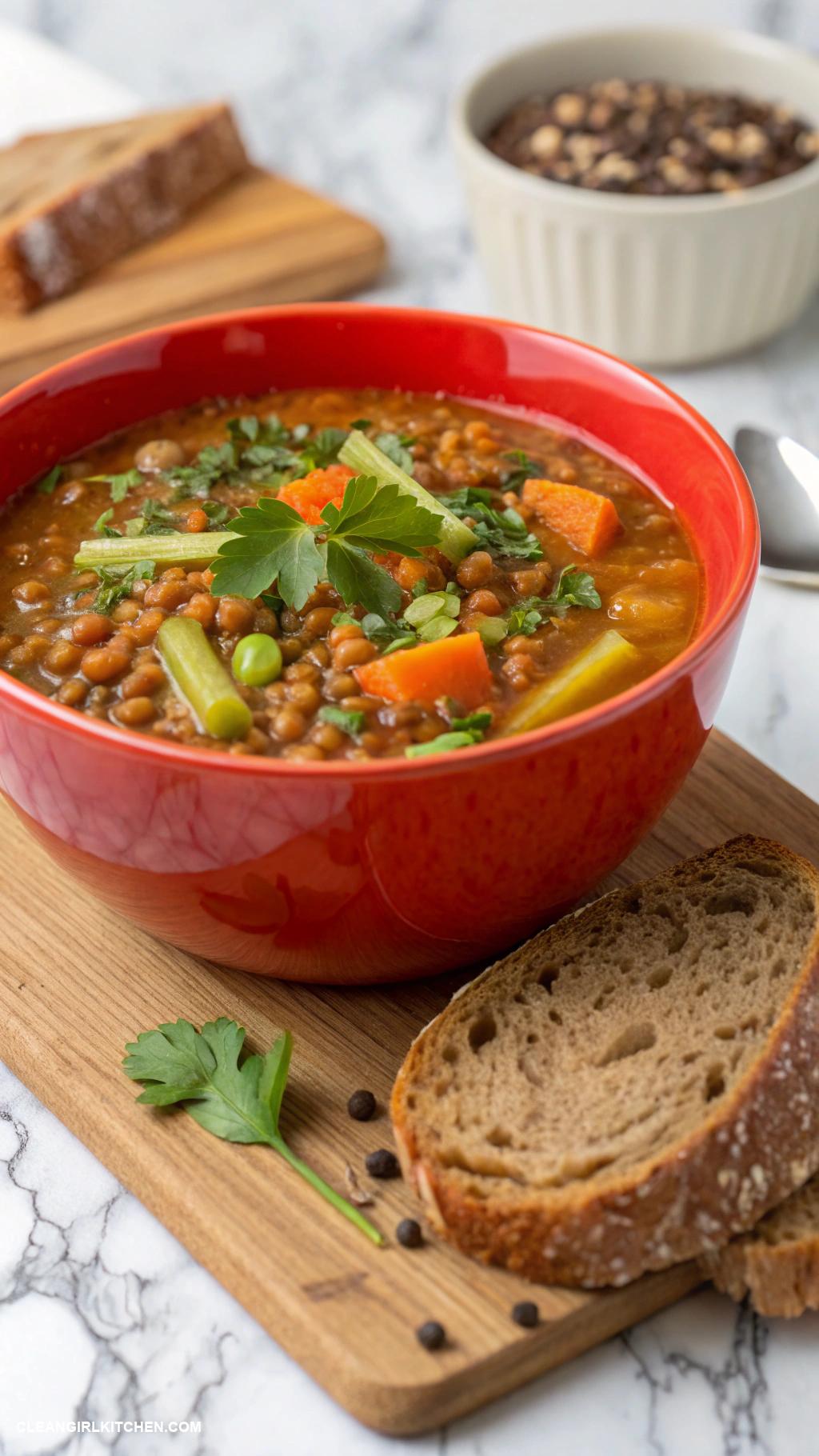 healthy meal prep for the week Lentil Soup with Carrots Celery and Whole Grain Bread