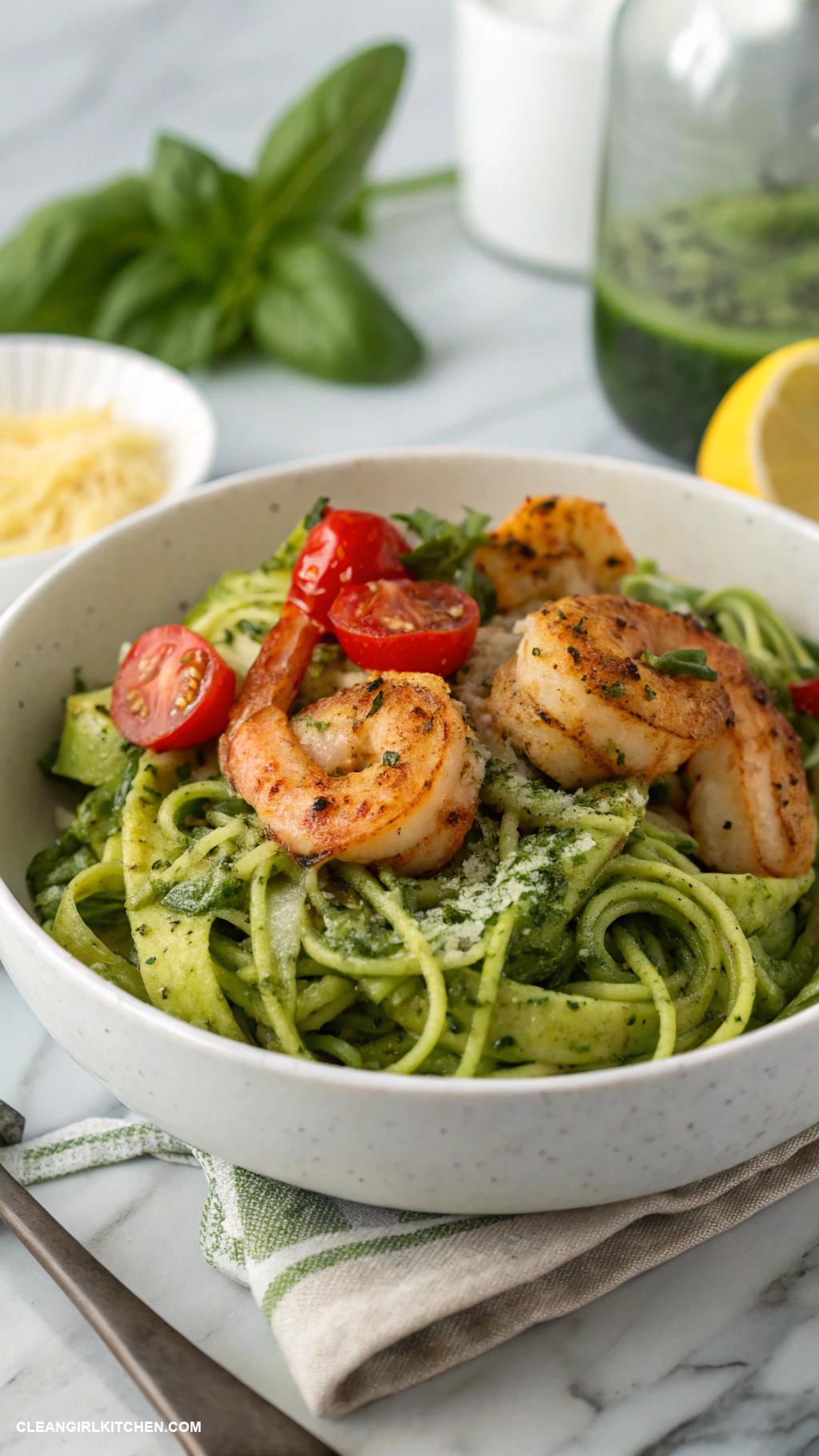 healthy meal prep for the week Zucchini Noodles with Pesto and Grilled Shrimp
