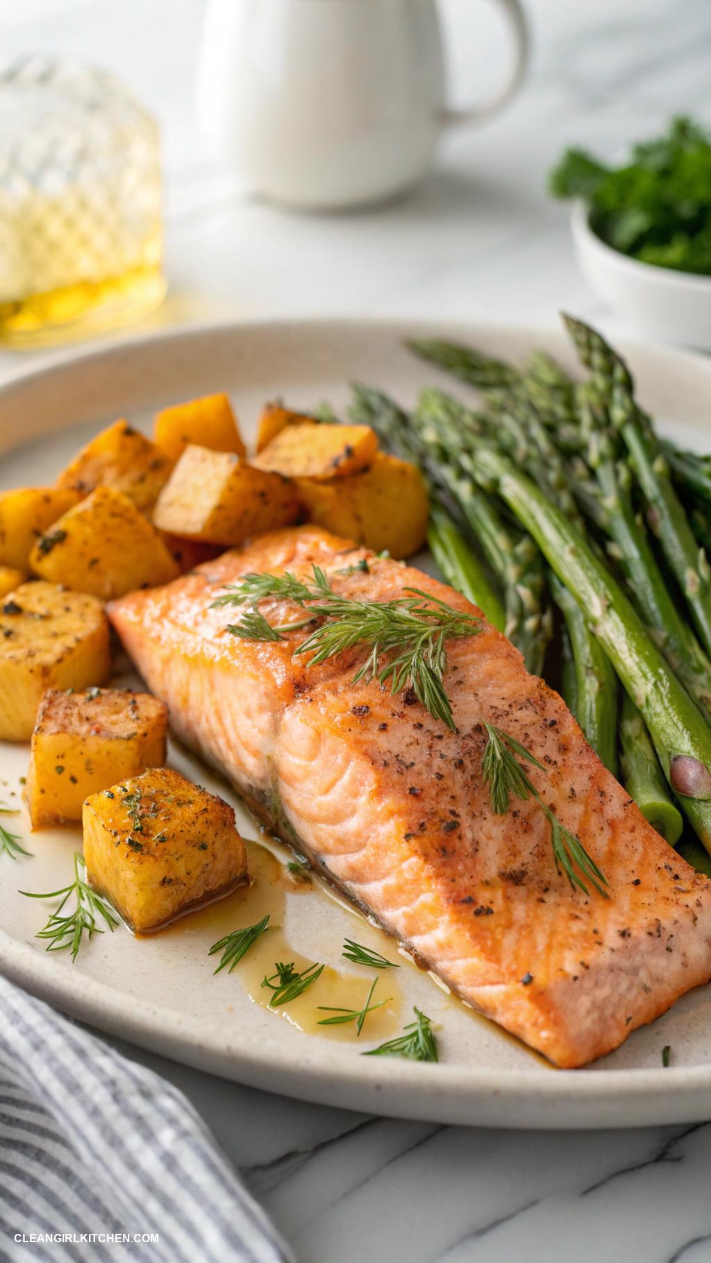 healthy meals Baked Salmon with Asparagus and Sweet Potato