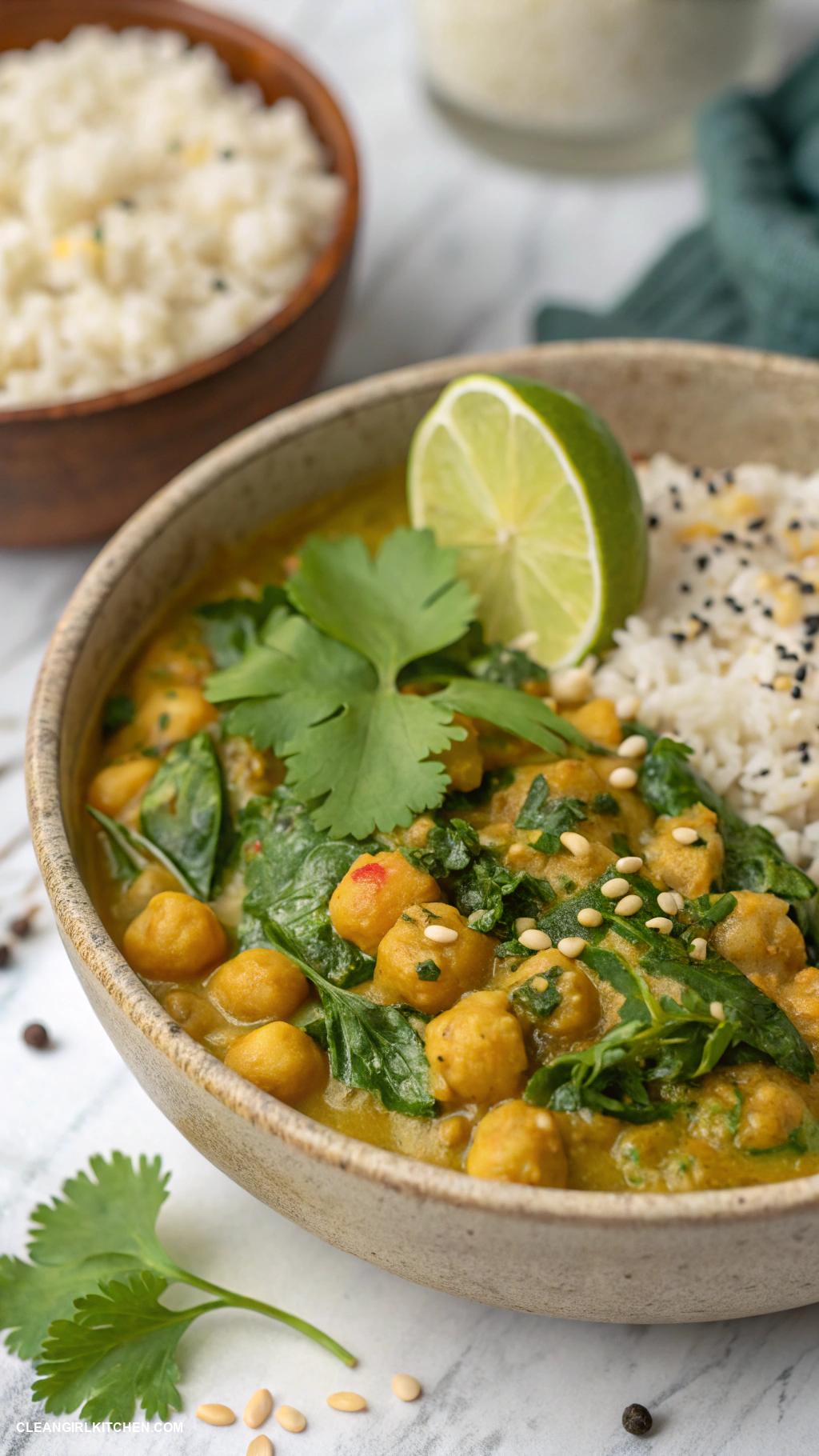 healthy meals Chickpea and Spinach Curry with Cauliflower Rice