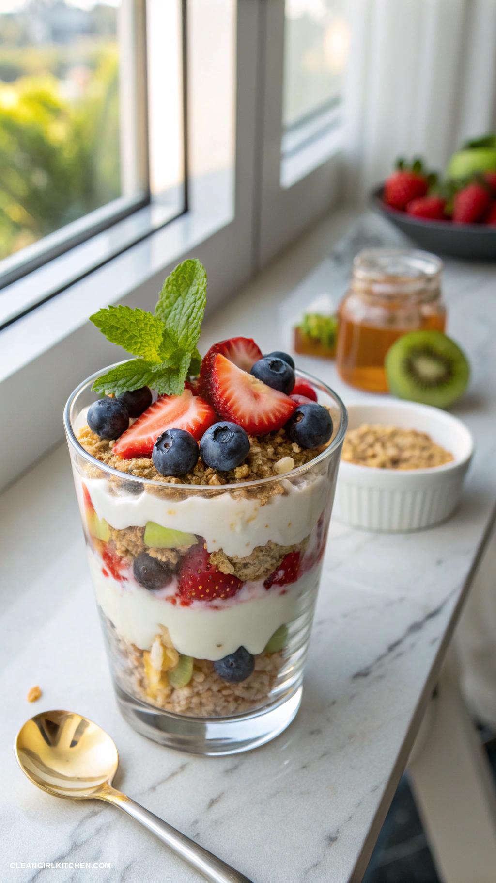 healthy meals Greek Yogurt Parfait with Granola and Mixed Fruit
